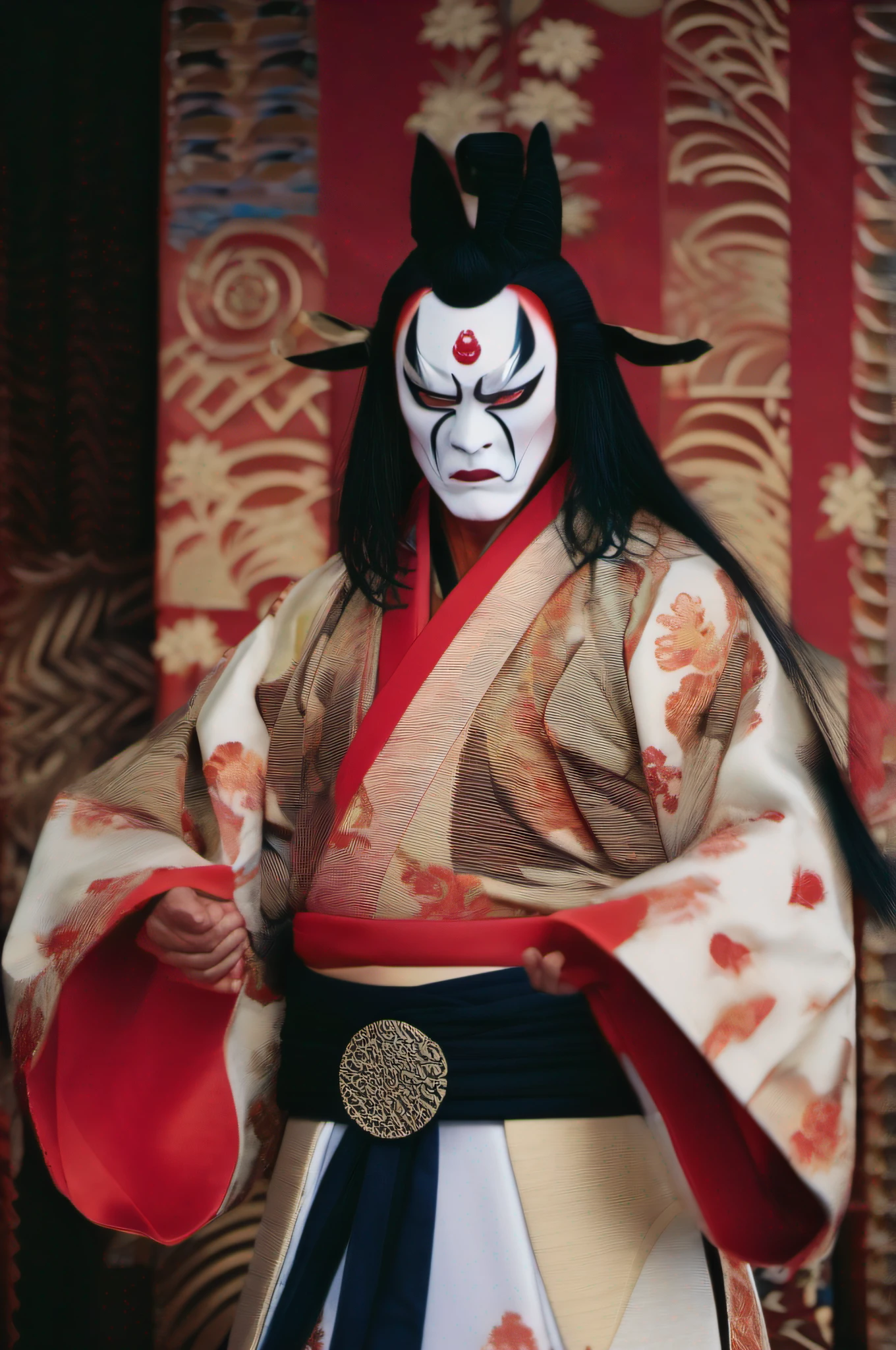 Kabukiza,Kabuki actor,ember,male people,Kime Pose,Long hair,Scary face,The background is the stage,a cool,realisitic,a picture,