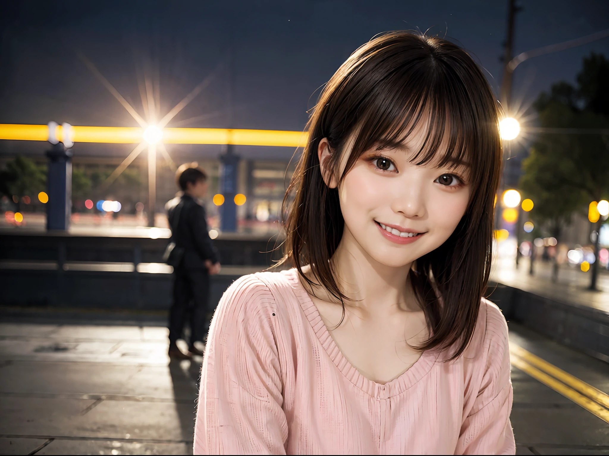 Japan woman in casual clothes on street corner at night、Wearing black-rimmed frame glasses、looking at the viewers、(top-quality、masterpiece)))、hight resolution、ighly detailed、masterpiece、Movie Lighting、(8K、top-quality、masterpiece:1.2)、(realisitic、Photorealsitic:1.37) Hi-Res、Super Detail、Asian, cute little, cute face, 独奏, Short hair 1.2, Textured skin, beautiful smiling face, Beautiful detailed night sky, night landscape、Movie Lighting, depth of fields, Lens flare light、(The upper part of the body:0.5)、Dating、(blush nose)、(A smile:1.15)、(Mouth closed)tiny chest、beautiful finely detailed eyes、(Sweaters:1.1)、(shorth hair:1.2)、Floating hair Nova frog style