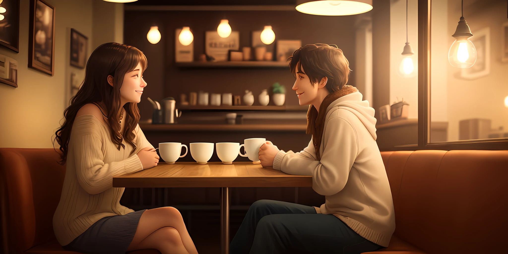 A cozy coffee shop with a warm ambiance, soft lighting, and two people sitting across from each other