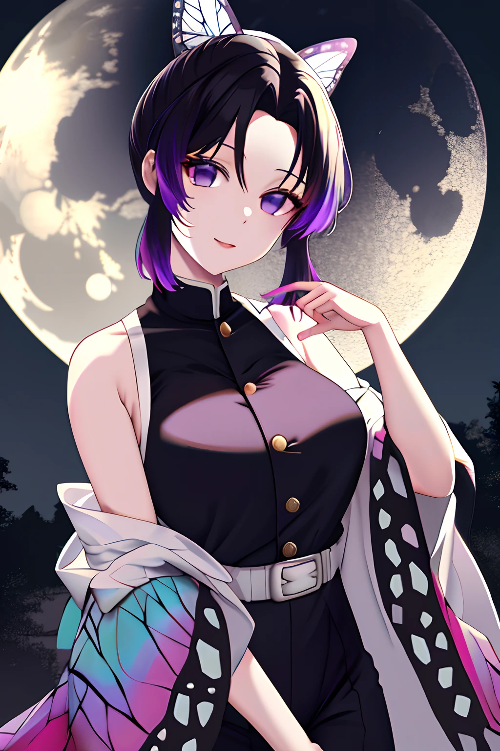 Master parts, best qualityer, highr, 1girll, in bamboo forest，In the background is a huge bright moon, Kochou Shinobu, Butterfly hair ornaments, Purple eyes, multicolored hair, Short hair, Separate strip, haori, longer sleeves, Black pantsuit, Black jacket, belt, Cowboy shot，The character faces the camera，Upper body of the character，medium boob