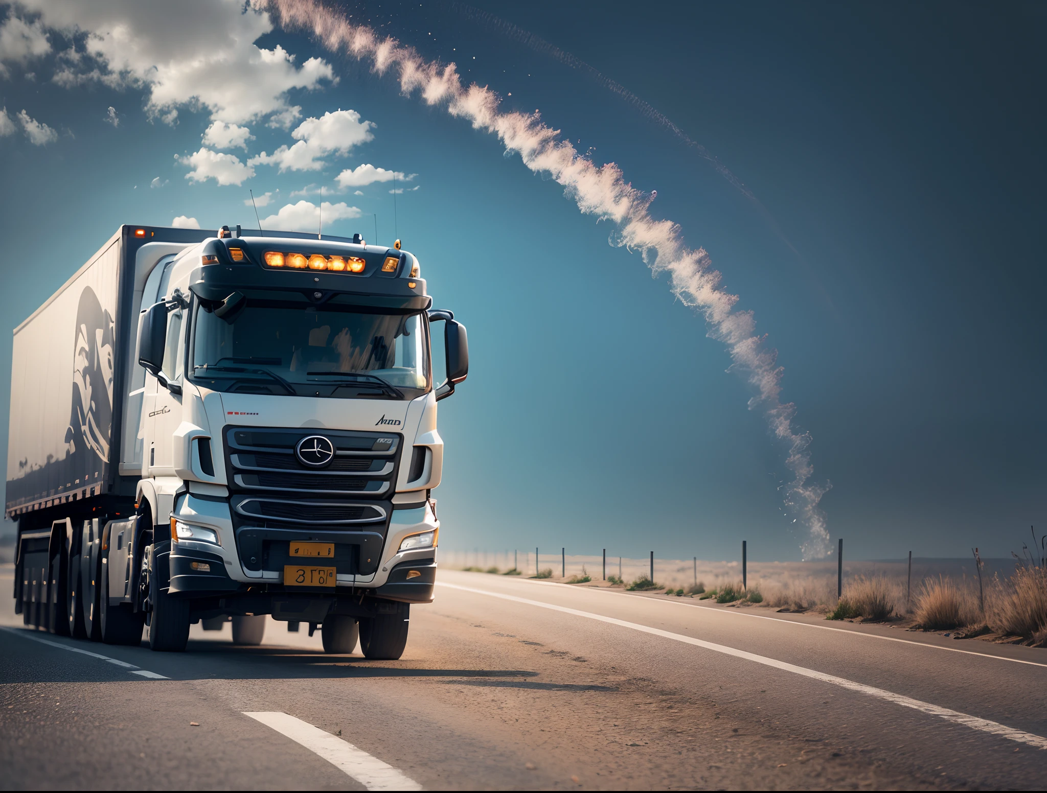 A logo where in the center there is a truck traveling along a road on a sunny day, This scene is inside a gear, solid color background, 8K UHD, high quality, high res, hyper realistic, leaning over, skin texture, abs, --auto --s2