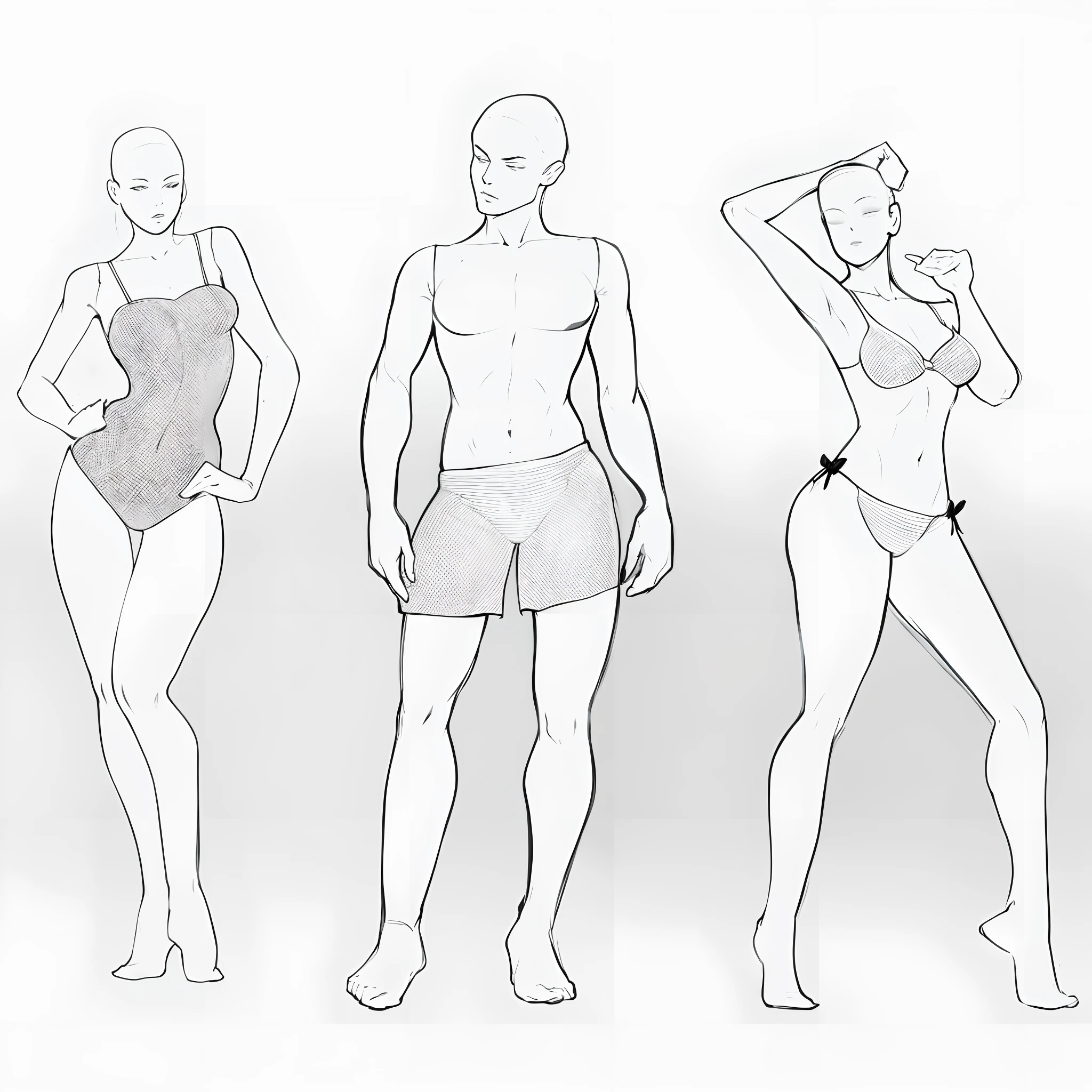 Three different types of mannequins , roupas de praia , (manequim branco) (simple lighting ) (sem rosto )