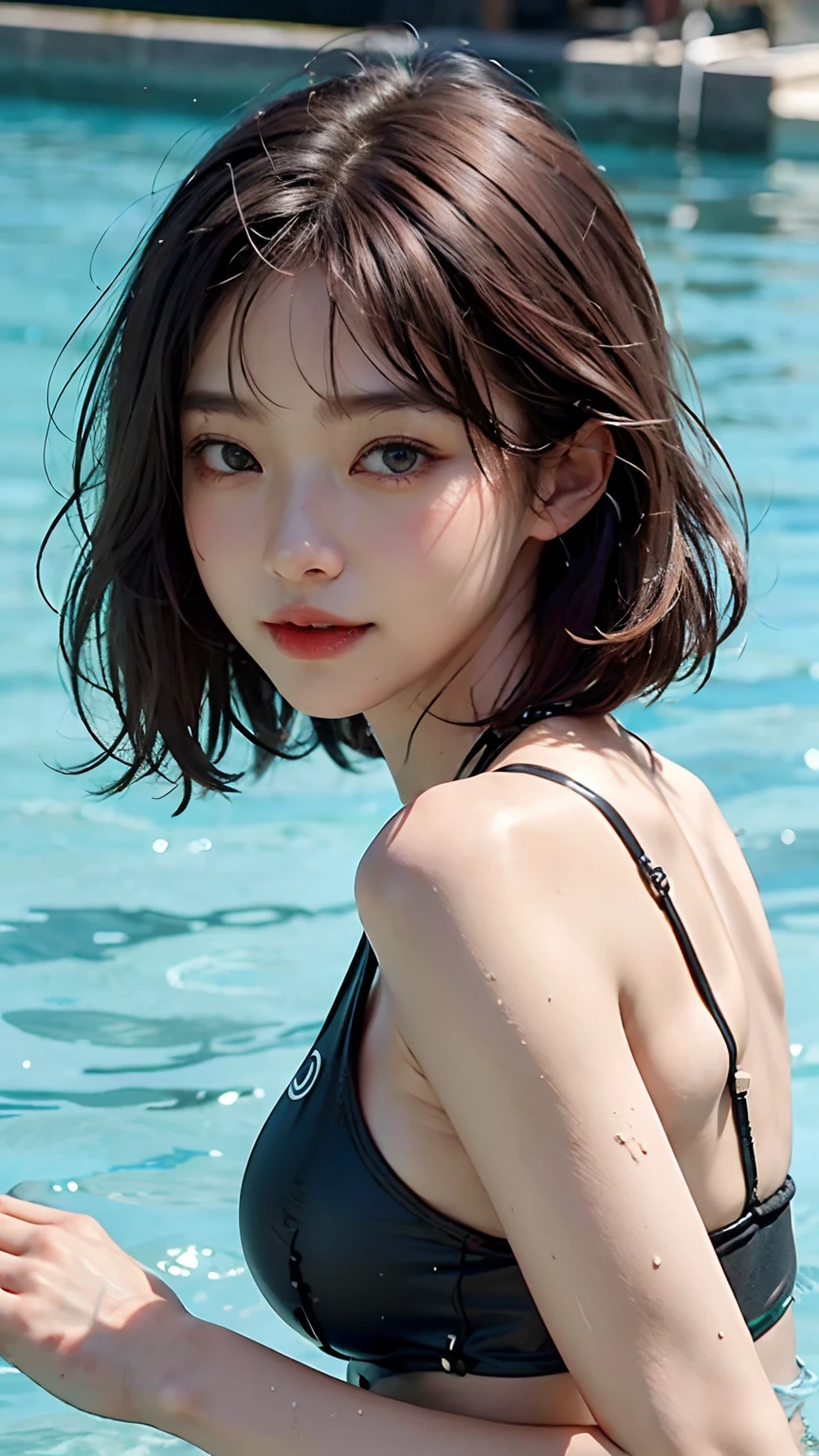 highest quality、ultra high resolution、(realistic)、18 year old girl、short hair、All Back Hairstyle、swimsuit、Liar、pool、(((topless))),　Wet,hyper detail、超realistic、(Photoreal)、Detail beautiful skin、(masterpiece:1.0)、(highest quality)、(ultra high resolution)、8K resolution、Canon EOS R5、135mm、absurd、Super detailed、Sharp skin texture, small breasts
 , (Random View)