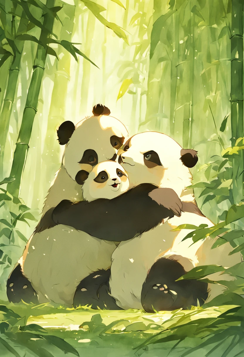 Two adorable fluffy panda cubs playfully tumble together in a sunny bamboo forest glade, warm lighting filtering through the leaves. Detailed fur texturing, peaceful nature mood, gentle lighting. Traditional watercolor style.  --ar 4:5 --s 400 --niji 5