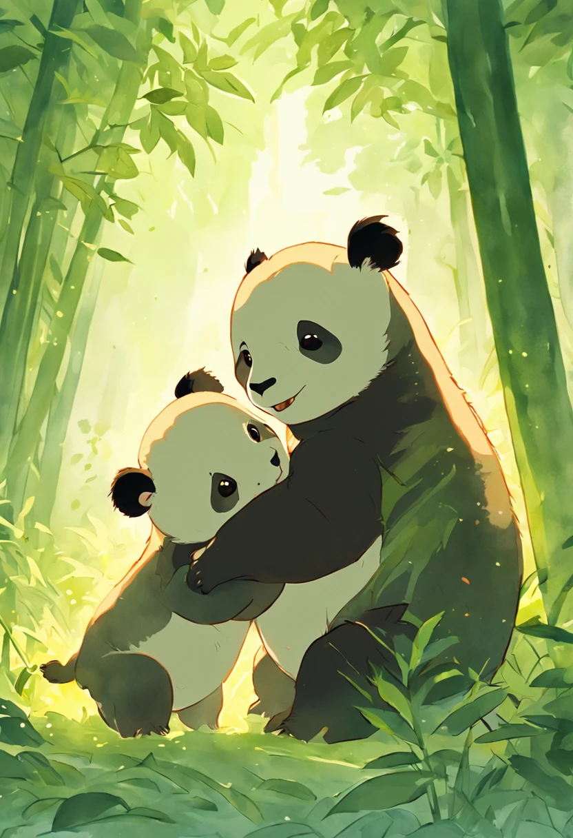 Two adorable fluffy panda cubs playfully tumble together in a sunny bamboo forest glade, warm lighting filtering through the leaves. Detailed fur texturing, peaceful nature mood, gentle lighting. Traditional watercolor style.  --ar 4:5 --s 400 --niji 5