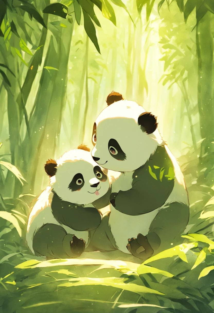 Two adorable fluffy panda cubs playfully tumble together in a sunny bamboo forest glade, warm lighting filtering through the leaves. Detailed fur texturing, peaceful nature mood, gentle lighting. Traditional watercolor style. --ar 4:5 --s 400 --niji 5