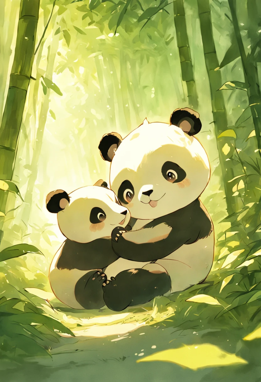 Two adorable fluffy panda cubs playfully tumble together in a sunny bamboo forest glade, warm lighting filtering through the leaves. Detailed fur texturing, peaceful nature mood, gentle lighting. Traditional watercolor style.  --ar 4:5 --s 400 --niji 5