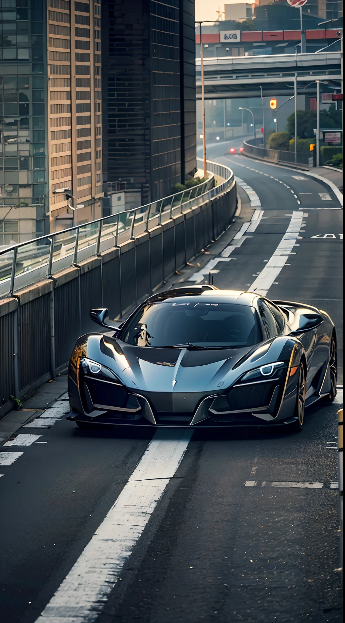 Super real，Super car，Perfect streamlined bodywork，Top photography technology，Gradient bodywork，Sense of speed，Automotive aesthetics，Urban highways，eventide，Buildings，highly  detailed，（highly detailed back ground），Detailed textures，8K，Professional photo shooting，hdr，Natural soft light，