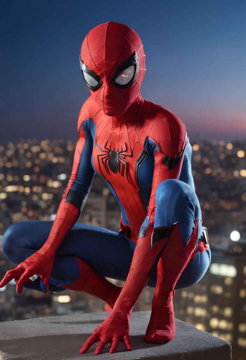 (Masterpiece, 4k resolution, ultra-realistic, very detailed), (White superhero theme, charismatic, there's a girl on top of town, wearing Spider-Man costume), full body, (blue eyes:1.2), ((Spider-Man pose),show of strength, jumping from one building to another), ((sandy urban environment):0.8)| (cityscape, at night, dynamic lights), (full moon))] # Explanation: The Prompt mainly describes a 4K painting of ultra-high definition, very realistic, very detailed. It shows a superhero at the top of the city, wearing a Spider-Man costume. The theme in the painting is a white superhero theme, the male protagonist In terms of portraying the actions of superheroes, spiders are employed