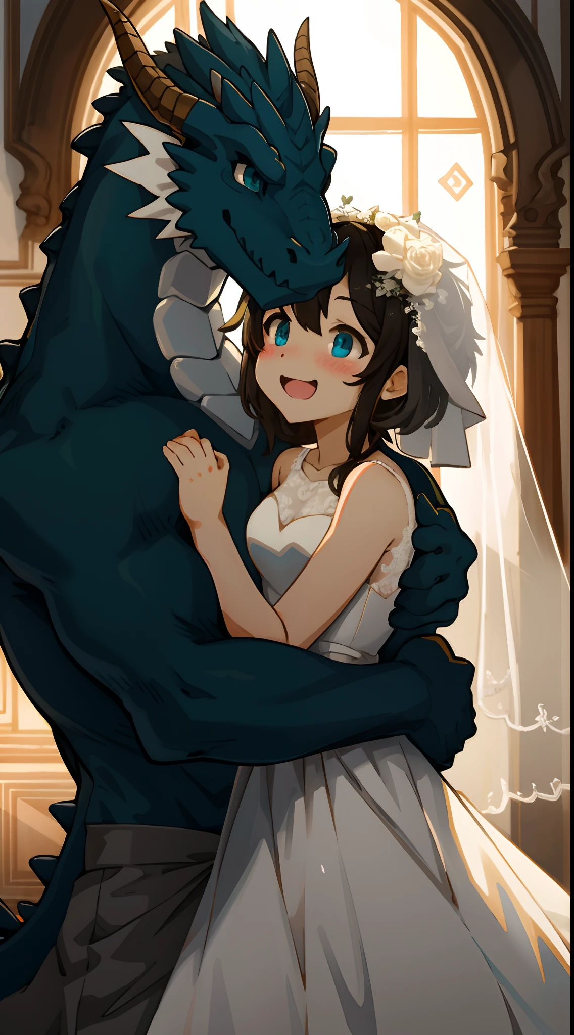 highres, top quality, best quality, paid reward available, High-quality illustrations, unparalleled masterpiece, official art, absurdres, height difference, large dragon hugs girl((wedding Photo of a Dragon and human child girl))girl, wedding dress, girl hugs dragon, Shy laughter, torogao, happy, kiss(beautiful detailed eyes and face)clothes reflecting light, caustics, dynamic lighting, deep shadow,