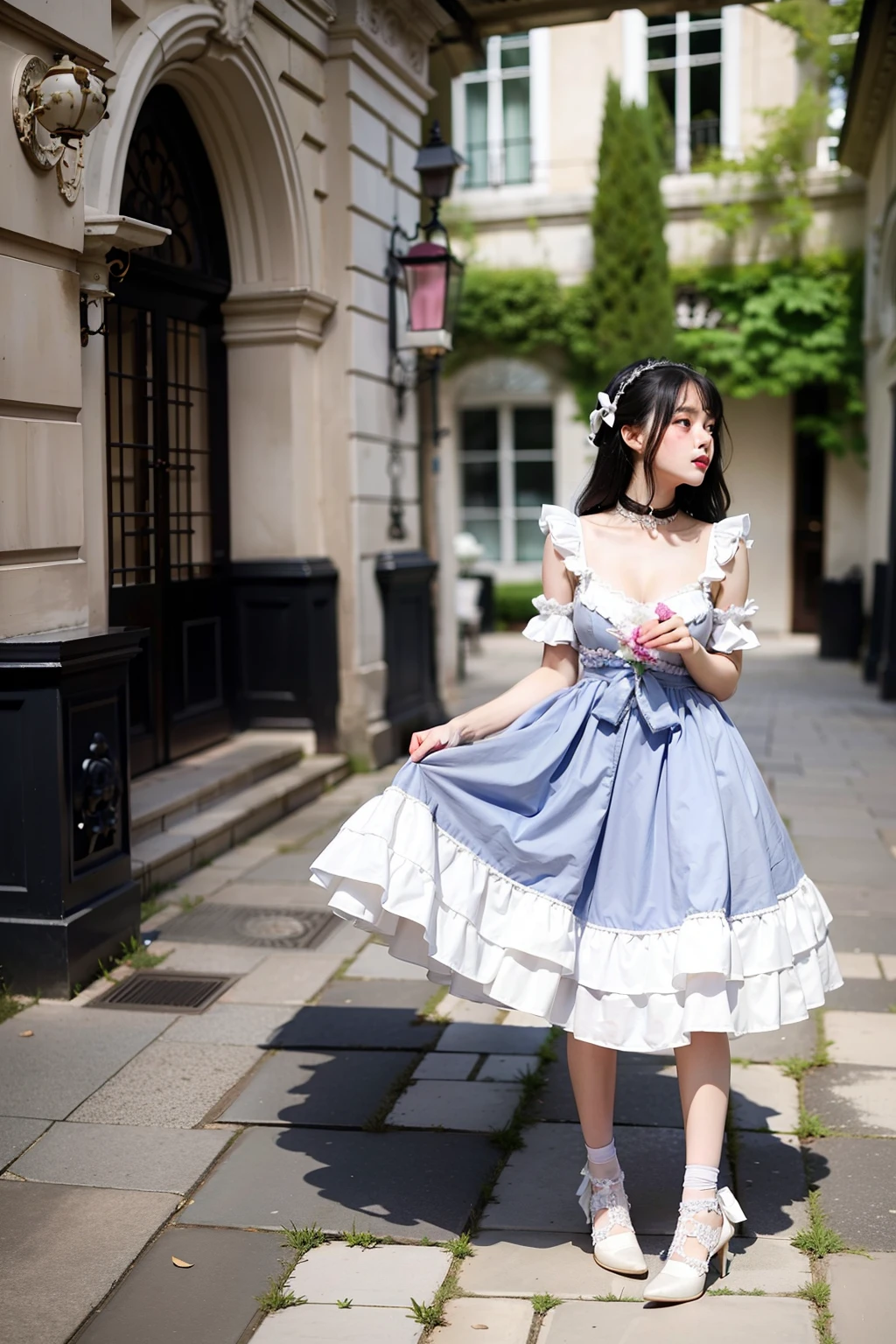 Lolita prostitute,Lolita, Young princess,Wearing a gorgeous dress,Lolita prostitute,Rococo,Noble purple dress,Baroque style,courtyard,high tea,In the courtyard, white ruffles ankle socks