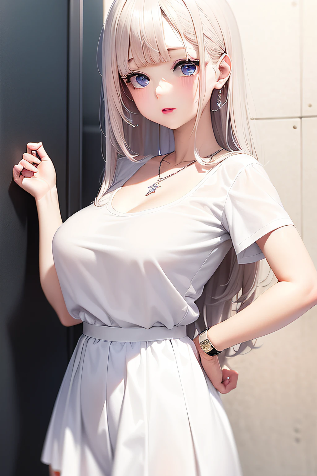 schoolgirls,White T-shirt top,Short white dress,White-colored skin,Coffee-colored hair,Big wavy hairstyle,whole body display,blue colored eyes,pink lip,Delicate face shape,Wear a diamond necklace around your neck,Wear a watch on your hand,