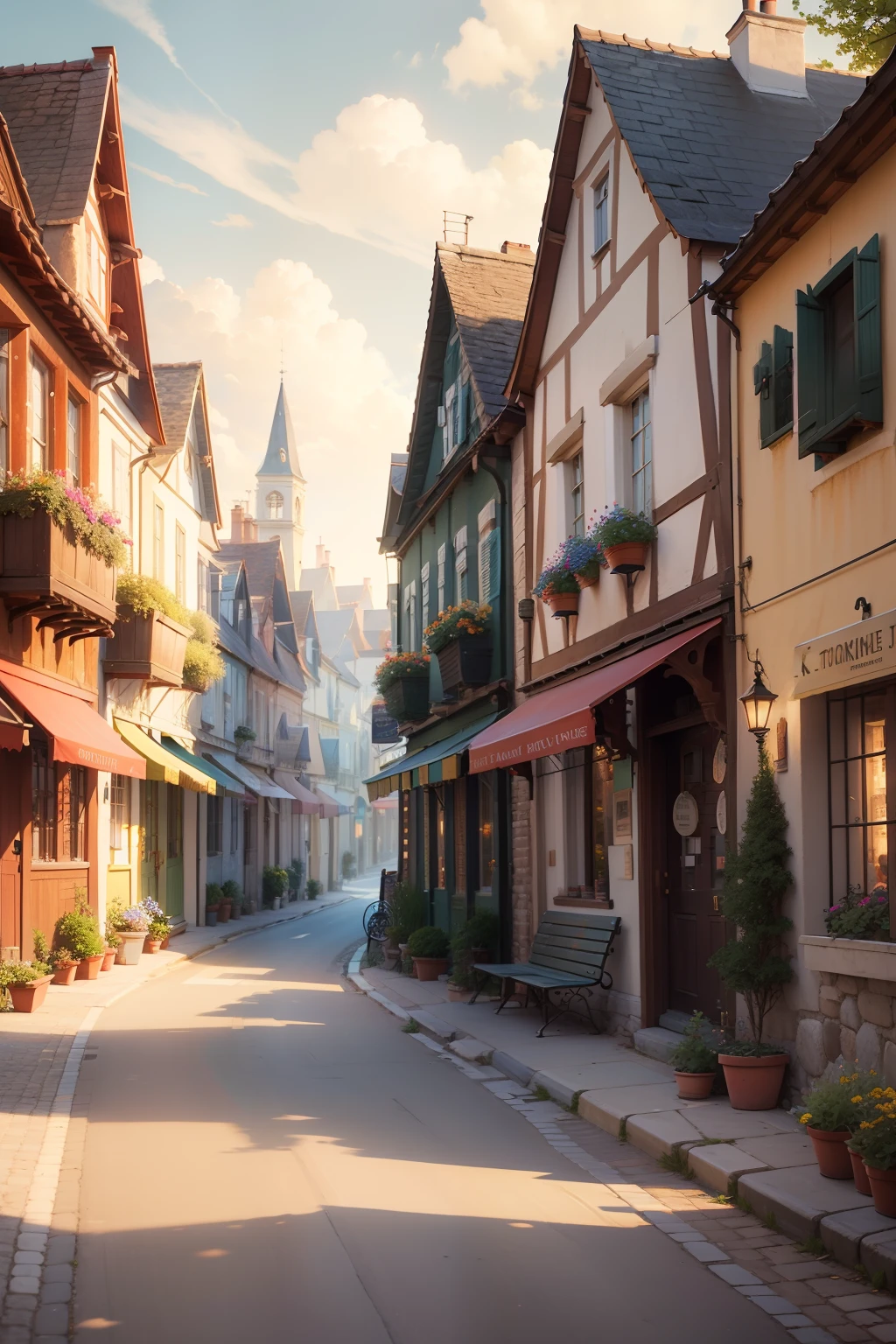 Street scene painted with cafes and benches, quaint village, Thomas Kinkade CFG _ Level 9, french village exterior, Thomas Kinkade CFG _ Scale 8, Inside the French village, tomas kinkade, author:Bernard DeAndrea, author:Arthur Penn, streetview, Pierre Roy, cottage town, countryside city scene, landscape artwork, view over city