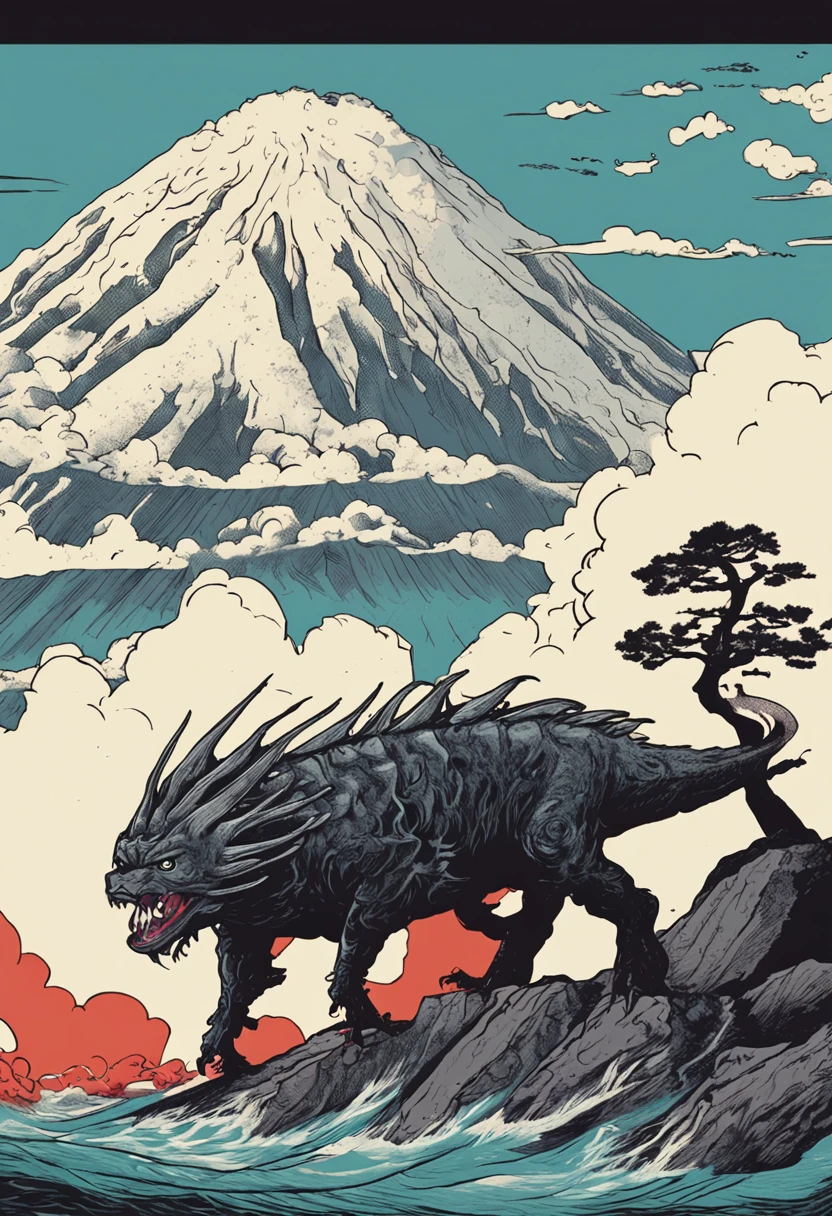 In the picture by the sea，Group of monsters in suits japanese men，Their hair is thinning and bald，The body is deformed by radiation。In the background is a magnificent mountain，And the top of this mountain，It is famous as Mt. Fuji。Despite the sight of a nuclear explosion behind it，These monsters carry pure white flags，They giggled and giggled，As if he didn't care about everything around him。