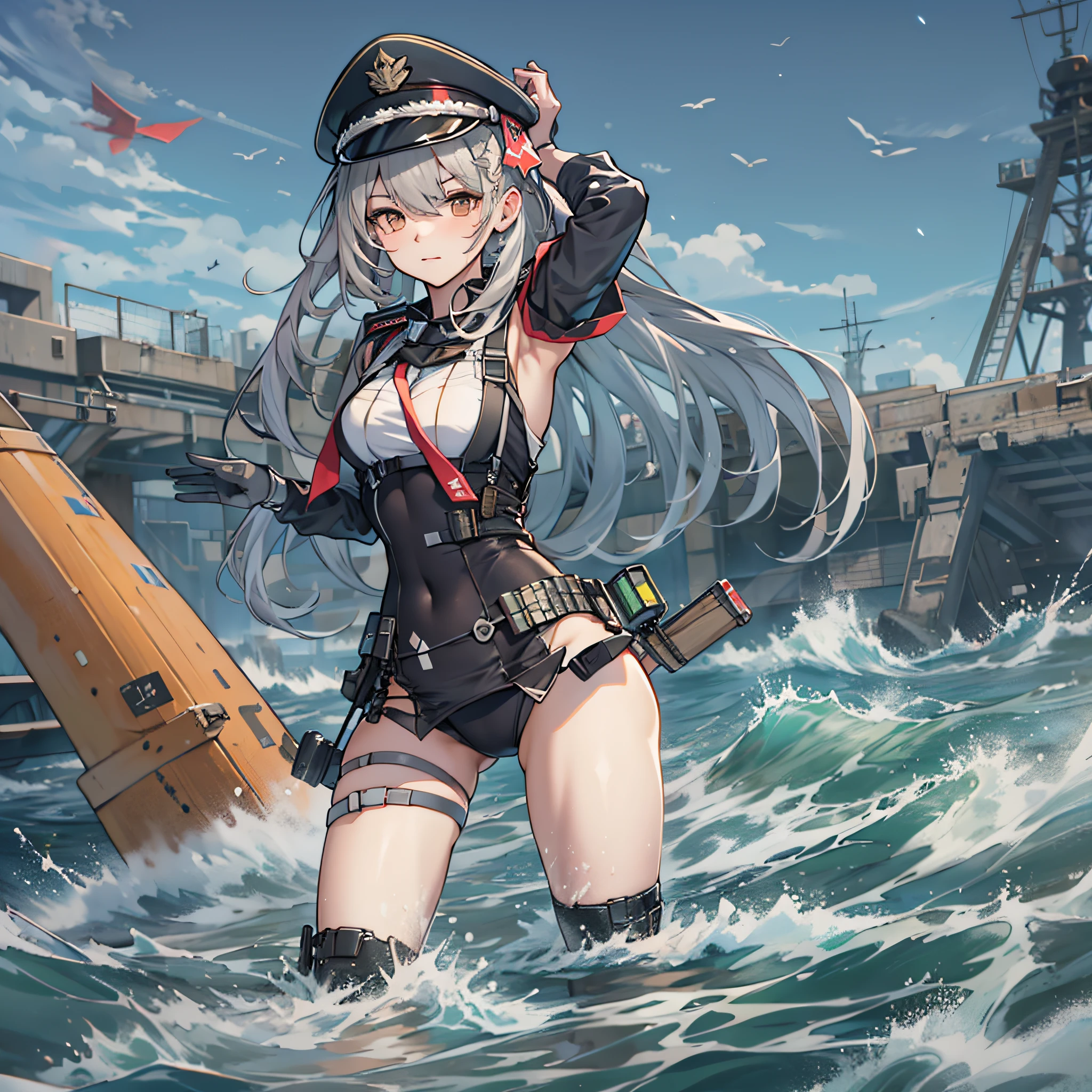 Anime school swimsuit girl landing from the sea, girls frontline style, from girls frontline, Fine details. girls' frontline, girls' frontline, girls frontline cg, infantry girl, Women's Last Tour, soldier girl, M4 Sopmod II Girls Frontline, anime maid ss military, girls frontline universe, Mechanized soldier girl, Majora、lieutenant colonel、Girls Moon、Start of battle!