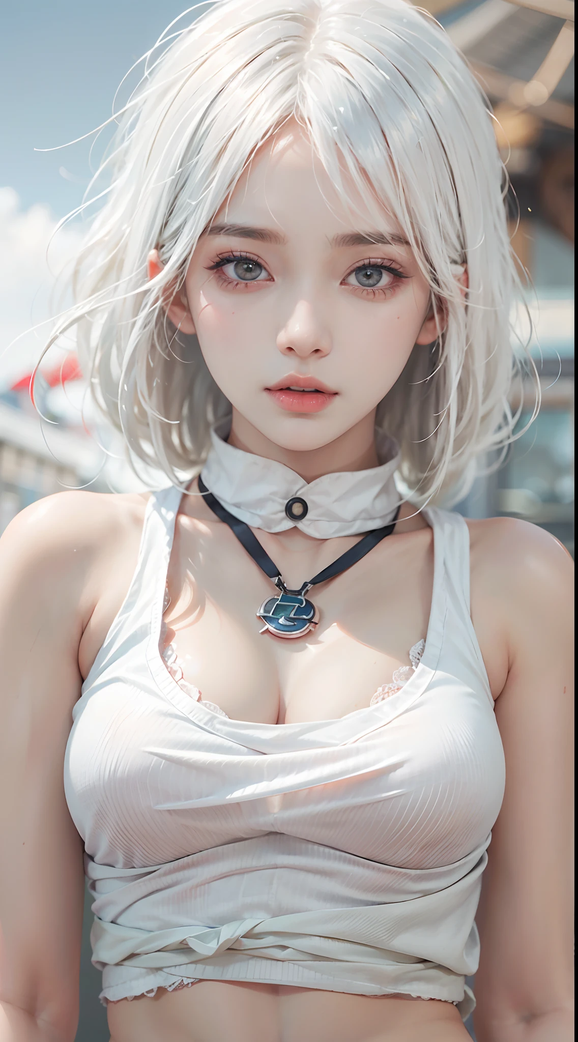 ulzzang-6500-v1.1, (raw photo:1.2), (photorealistic:1.4), beautiful detailed girl, very detailed eyes and face,Hinata from Naruto, cool pose, battlefield background, perfect body, white eyes, white bobcut hair