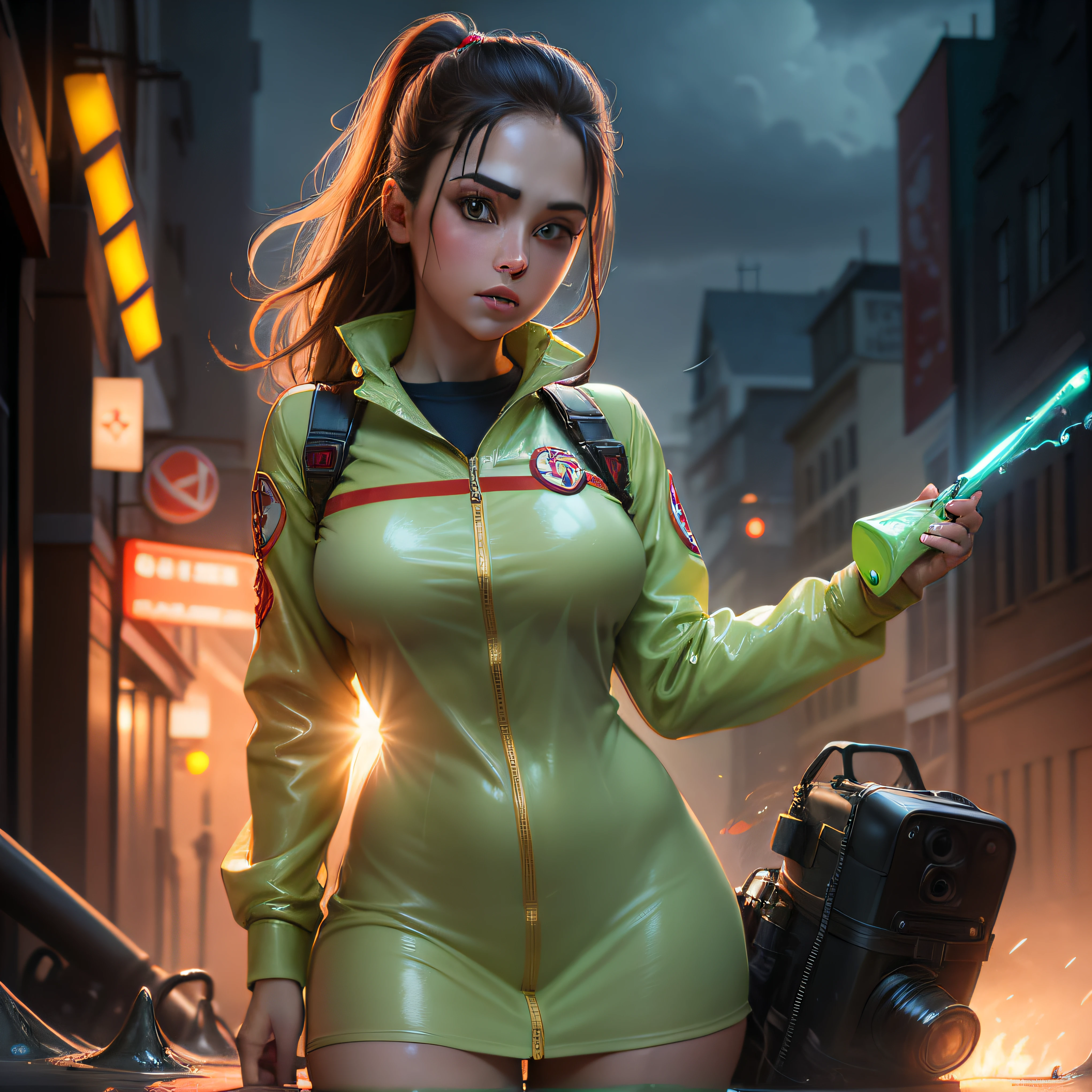 "(Highest picture quality), (Prioritizing the exceptional image quality and astonishing level of detail), generate an awe-inspiring (photorealistic:1.1) girl representing Dana Barrett, ghostbusters uniform, slime, sexy, beautiful, night, cute."