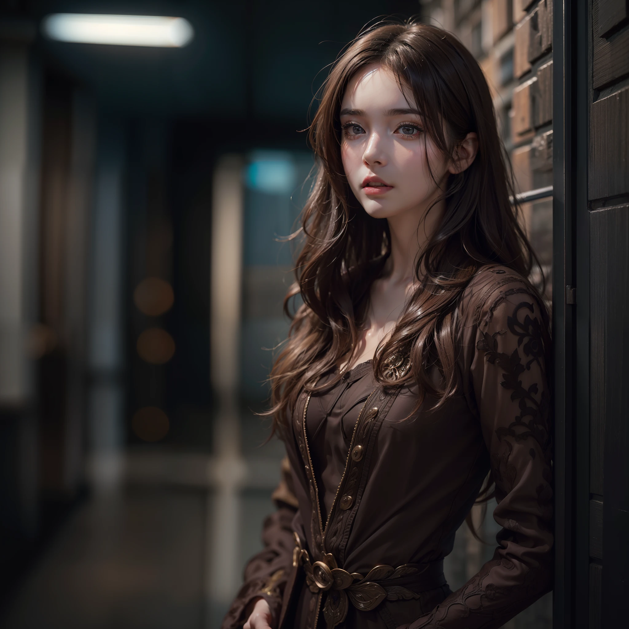 photo of a 25 years old european girl, RAW, beautiful woman, (extra long wavy brown hair), ((portrait)), ((detailed face:1.2)), ((detailed facial features)), (finely detailed skin), pale skin, high detailed deep bodycon hasmat suit , megacity environment, (cold colors), damp, moist, reflections, (masterpiece) (perfect proportion)(realistic photo)(best quality) (detailed) photographed on a Canon EOS R5, 50mm lens, F/2.8, HDR, (8k) (wallpaper) (cinematic lighting) (dramatic lighting) (sharp focus) (intricate) fashion