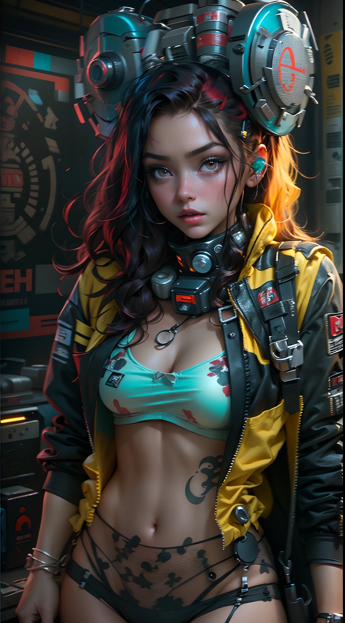 motor irreal:1.4,CG ultra realista 64K, fotorrealista:1.4, textura de la piel:1.4, obra maestra:1.4,posing behind Beautiful woman with babydoll lingerie、Ropa corta estilo cyberpunk color amarillo, pantimedias red , Mini falda azul,