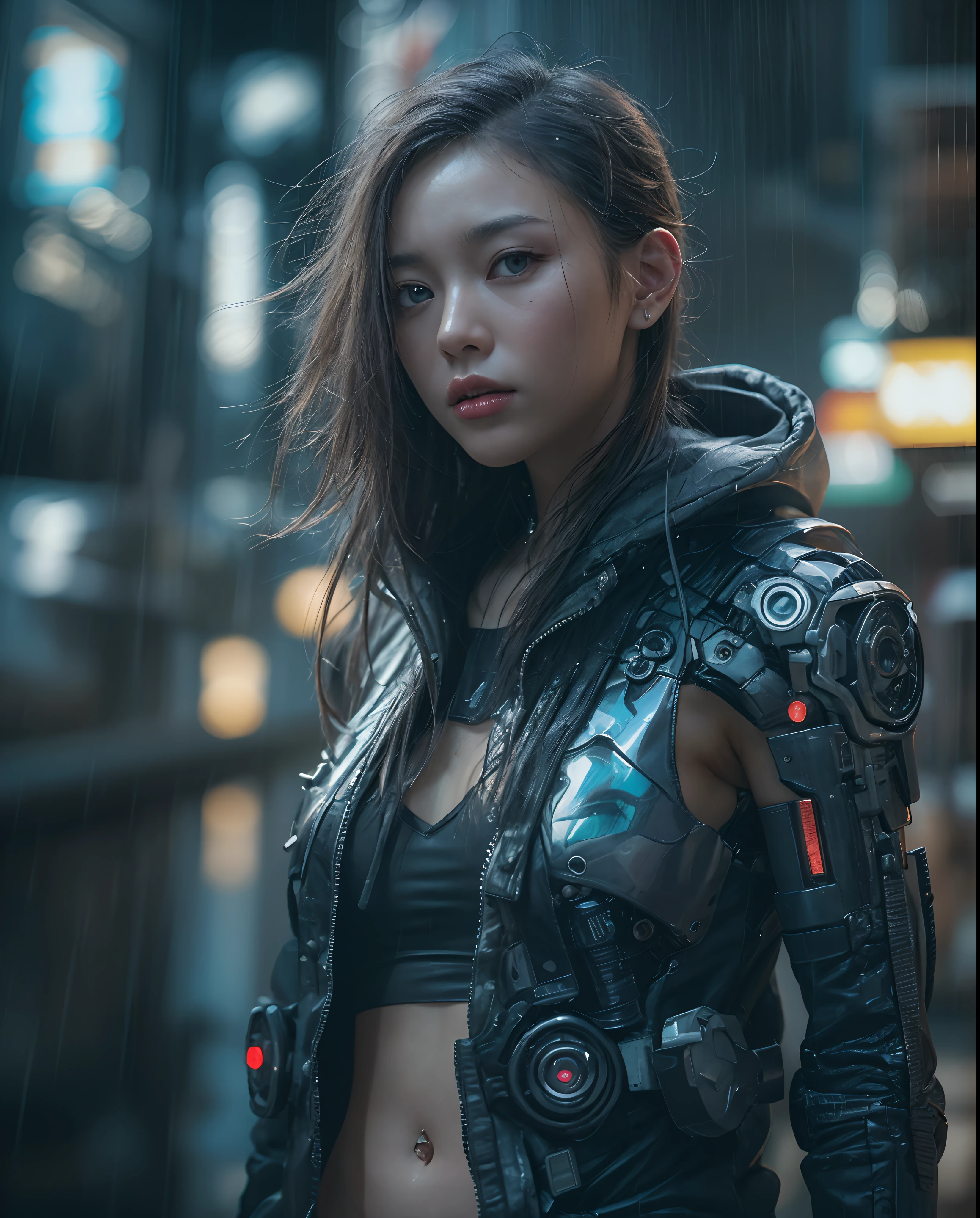 cinematic colorgrading film, dramatic scene, photography, RAW, Masterpiece, ultra wide angle, walking on the cyberpunk cityscapes, Ultra Fine Photo, (cyborg arms:1.3), medium breast, Best Quality, Ultra High Resolution, Photorealistic, volumetric light, Stunningly Beautiful, half body, Delicate Face, Vibrant Eyes, RAW photo, 1girl, solo, 1girl, (tang top:1.3), (techwea), future tech, futuristic, hologram augmented realities, (extremely detailed CG unity 8k wallpaper), of the most beautiful artwork in the world, professional photography, trending on ArtStation, trending on CGSociety, Intricate detail, High Detail, Sharp focus, dramatic, photorealistic, cyberpunk, futuristic, pale skin, slim body, (high detailed skin:1.2), 8k uhd, dslr, soft lighting, high quality, film grain, glossy, (Highest quality:1.3), (sharp focus:1.5), (photorealistic:1.3), (highly detailed skin), (detailed face), (high detailed skin:1.2), (glistening skin:1.2), cyborg arms, (highly detailed skin textures:1.15), (detailed face), (high detailed skin:1.2), (glistening skin:1.15), glossy, (cyborg arms:1.5), hoodie, rooftoop, japanese, cyberpunk street, (nights:1.2), fog, (rain:1.2), film grain, glossy, water reflection, reelmech