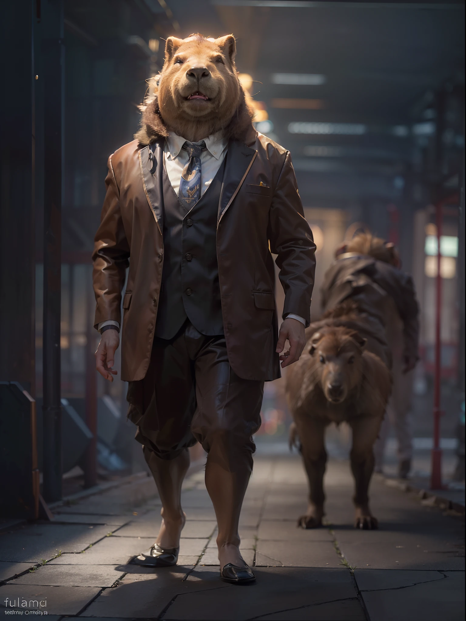 (((fullbody image、Standing posture)))、(Full body capybara standing upright in luxury business suit、Humanoid Capybara、Cool anthropomorphic capybara with long legs)、​masterpiece, top-quality, in 8K , intricate detailes, ultra-detailliert , light Particle、32K Digital Paint, Hyper-Realism, No background