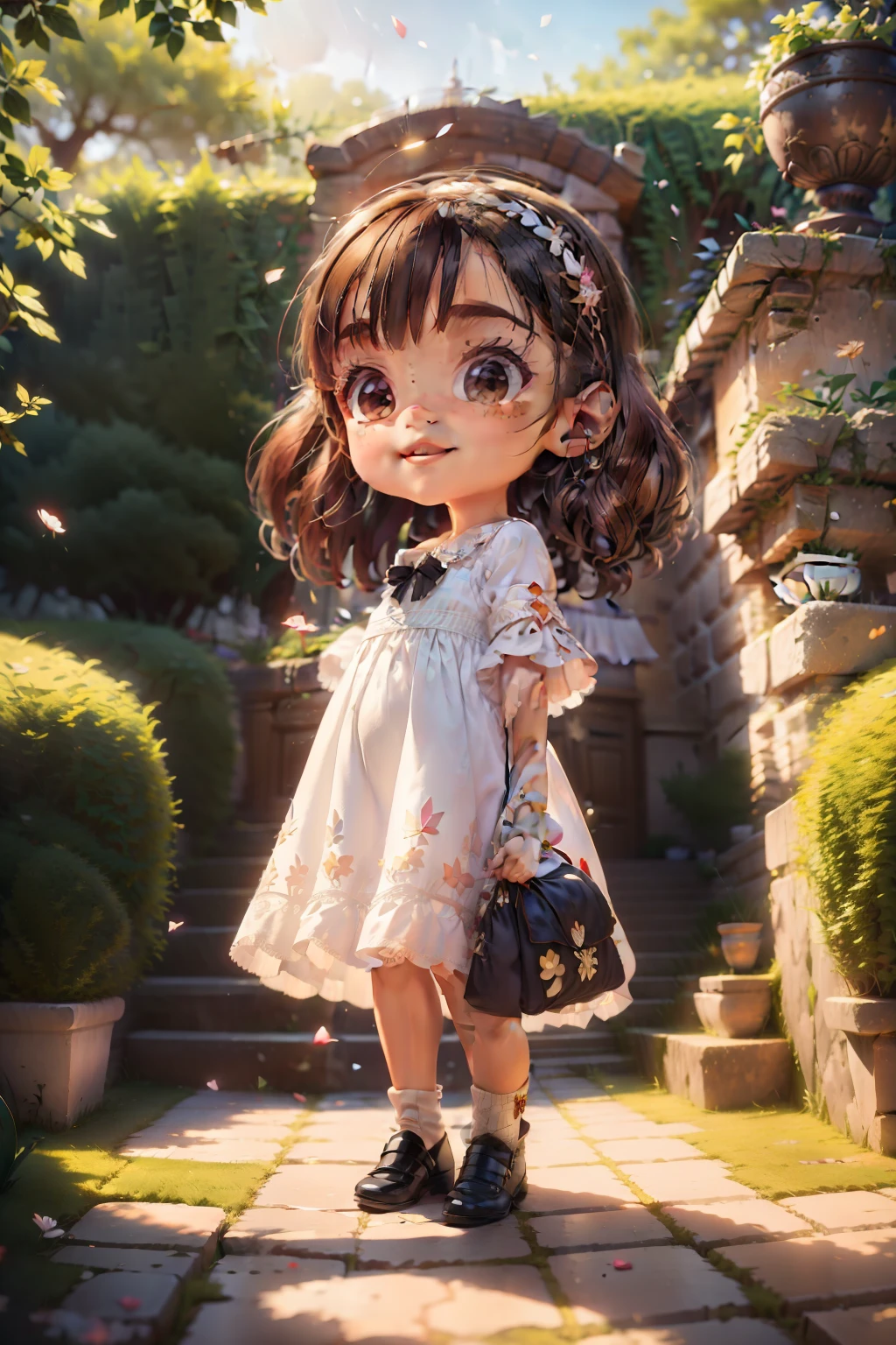 Digital sticker with cream Chihuahua cartoon face,It has cute big eyes in 4K,Beautiful little princess in dress, Stand on the marble steps at the entrance to the palace, Look at the wyvern in the distant sky.Light,8k wallpaper,Master painting,petals,lakes,bow and arrows,grin,Black eyes,swing, Perfect quality,Clear focus(Clutter - home:0.8), (tmasterpiece:1.2) (realisticlying:1.2) (Bokeh) (best qualtiy) (detailedskin:1.3) (complexdetails) (8K) (detailedeyes) (Sharp focus),(having fun)