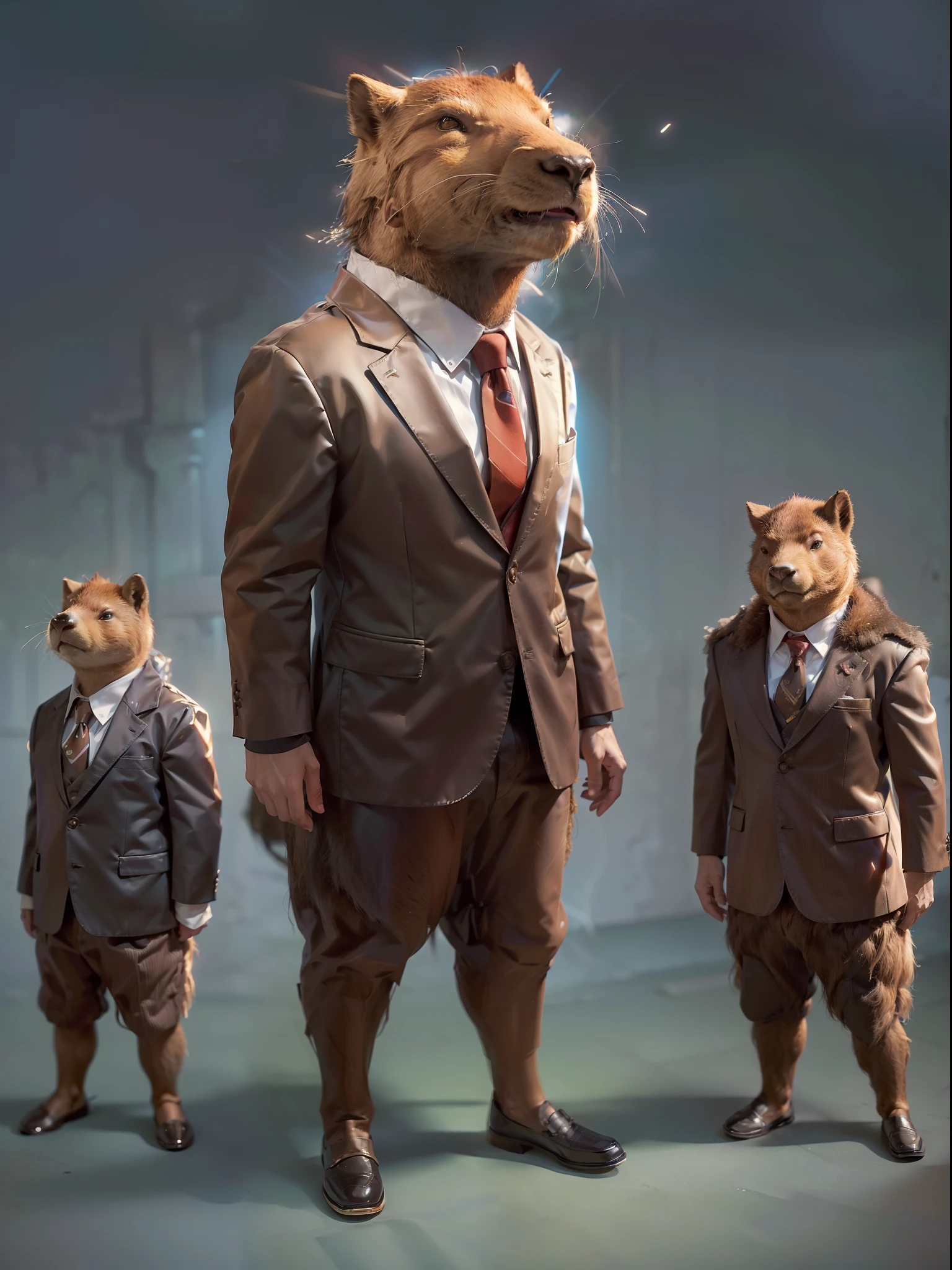(((fullbody image、Standing posture)))、(Full body capybara standing upright in luxury business suit、Humanoid Capybara、Cool anthropomorphic capybara with long legs)、masterpiece, top-quality, in 8K , intricate detailes, ultra-detailliert , light Particle、32K Digital Paint, Hyper-Realism, No background