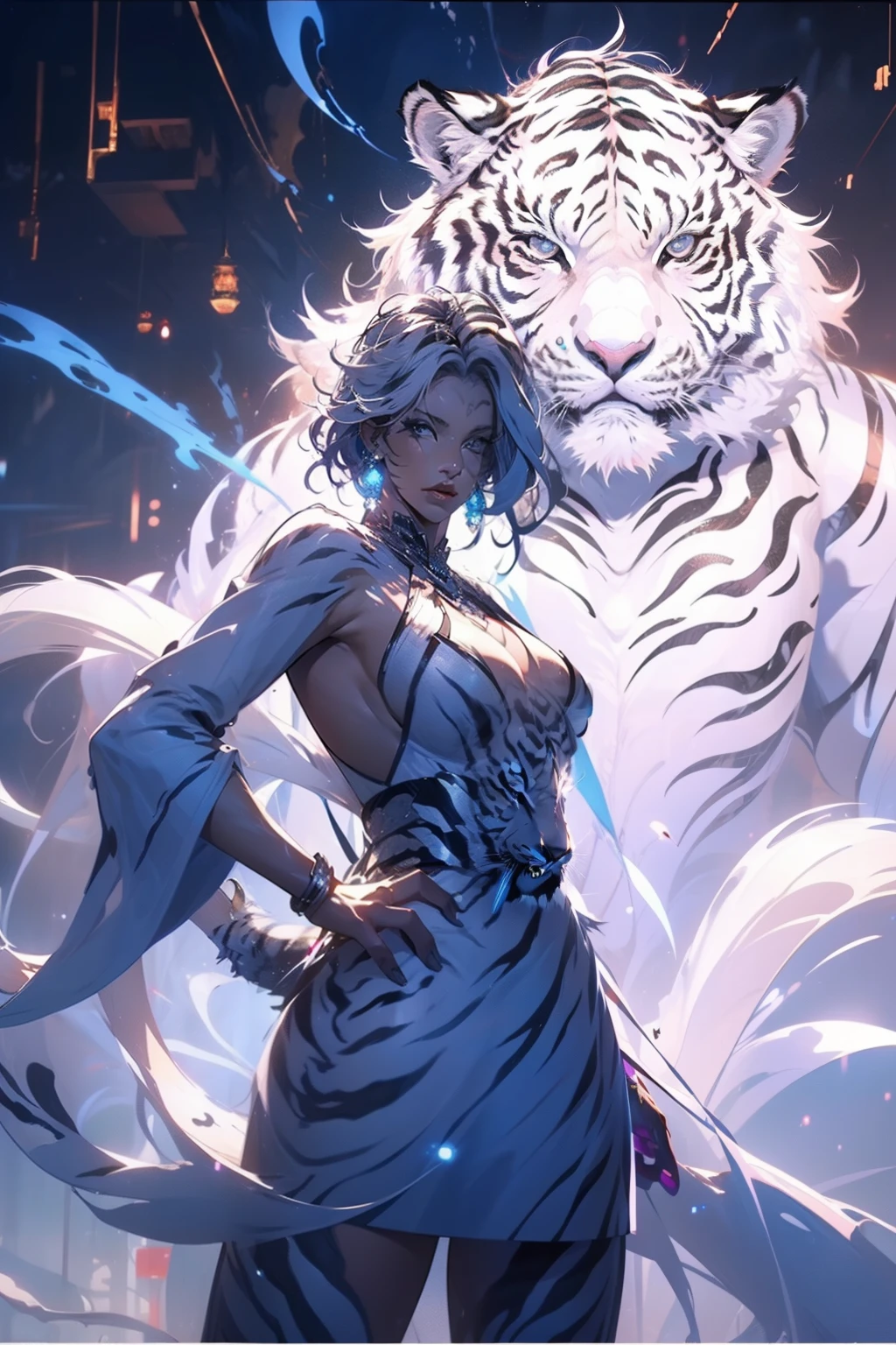 (((the white tiger))),tigre,(((Behind is a huge tiger))),A woman of outstanding figure,Wear a nice miniskirt,Leaking out of both shoulders,jewely,Amazing work,Vitreous luster,clean backdrop,High gloss,blue colors,In pink,cyan colors,red colour