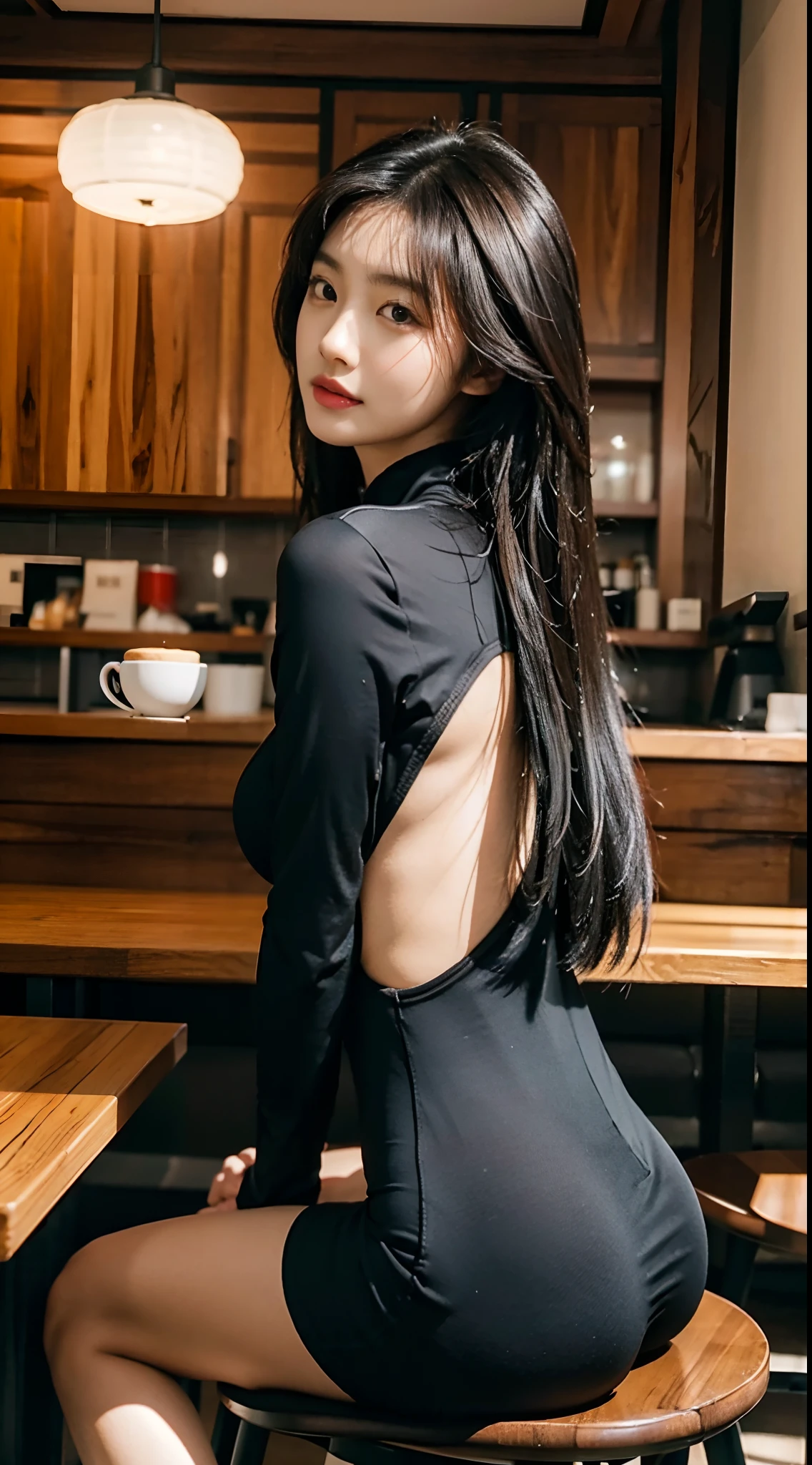 Best quality at best,8K,Korean woman in a café,voluminous hair,Delicate face,Photorealsitic,of a real,largeaperture,Wearing a black sexy yoga suit,Sitting in a café with a cappuccino in hand,Slim,sexy for,
