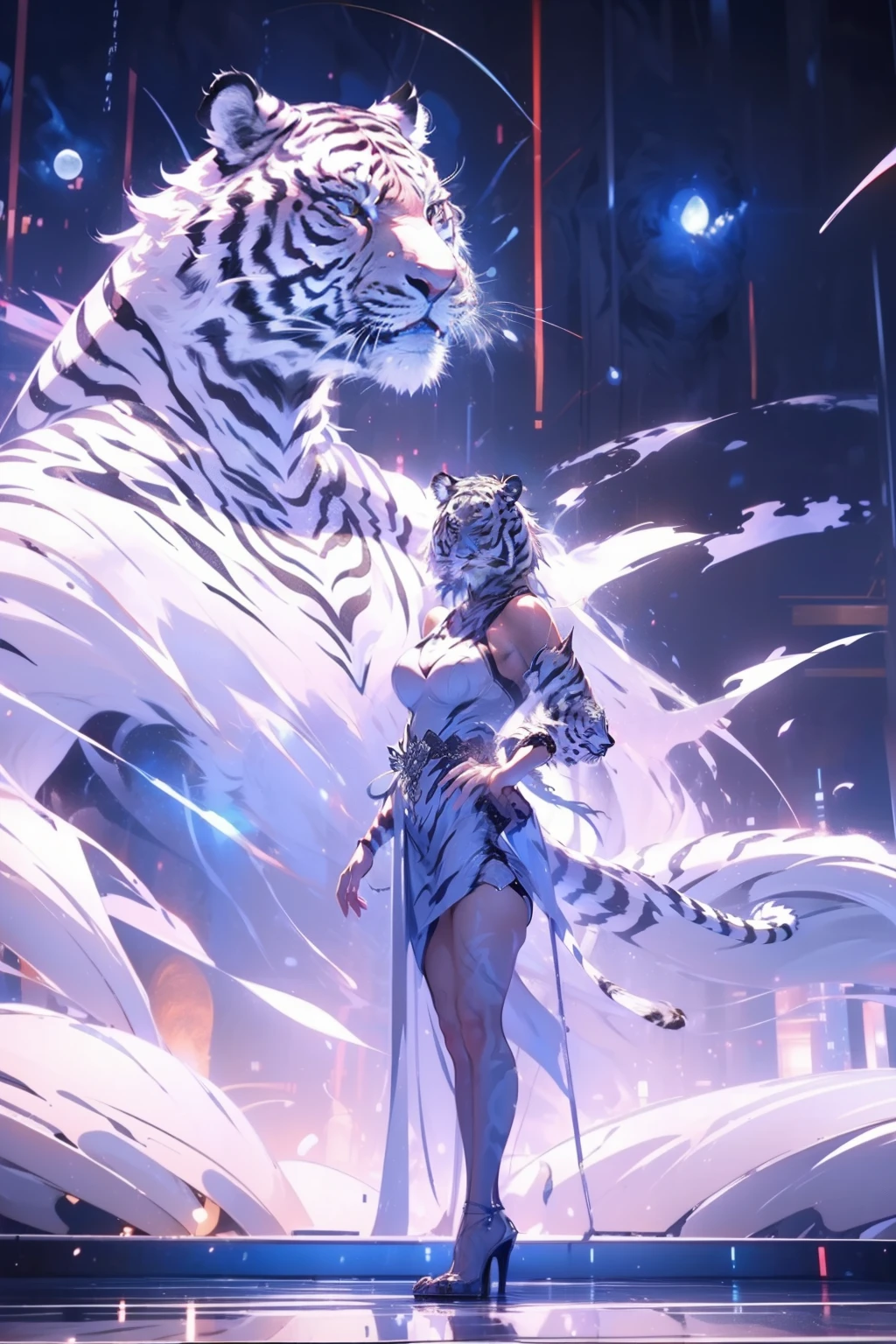 (((the white tiger)))，tigre，(((Behind is a huge tiger)))，A woman of outstanding figure，Wear a nice miniskirt，Leaking out of both shoulders，jewely，Amazing work，Vitreous luster,clean backdrop，High gloss，blue colors，In pink，cyan colors，red colour