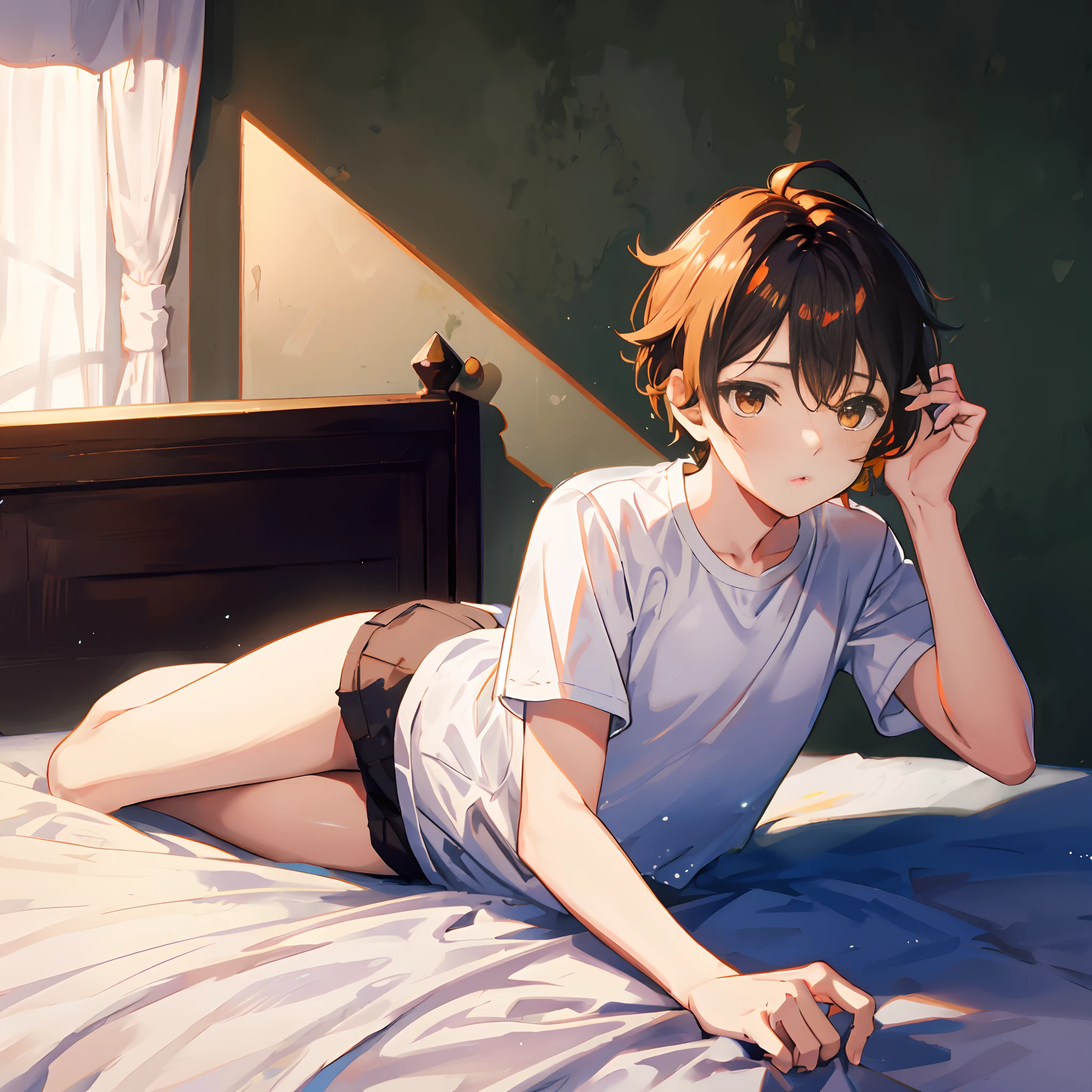 orange color hair，schoolboy，style of anime