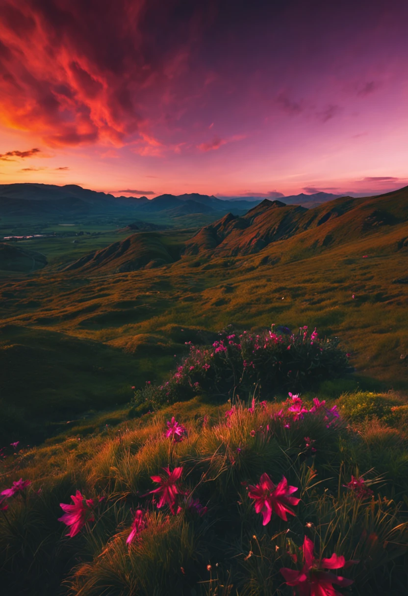 Sunset, evening glow, distant view, realistic, rich colors, gorgeous and colorful, wide-angle lens, shooting in the evening, positive film, naturalistic style, high-definition filming.