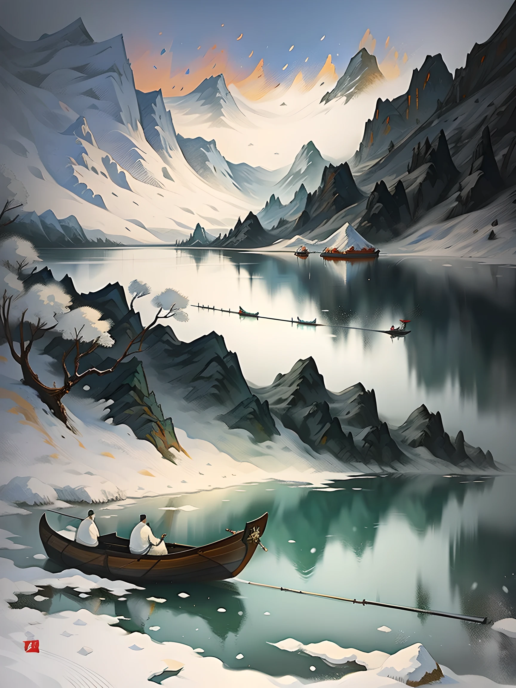 Tradition Chinese Ink Painting,at winter season,1 Chinese elder,Sitting on the boat,(Fishing with a fishing rod:1.1),Sit by the water,Snow all around,Mountains,The wide lake is calm,in the far, Only hazy silhouettes can be seen on the mountain,Best quality at best,Works of masters,Top art paintings,Full of artistic conception