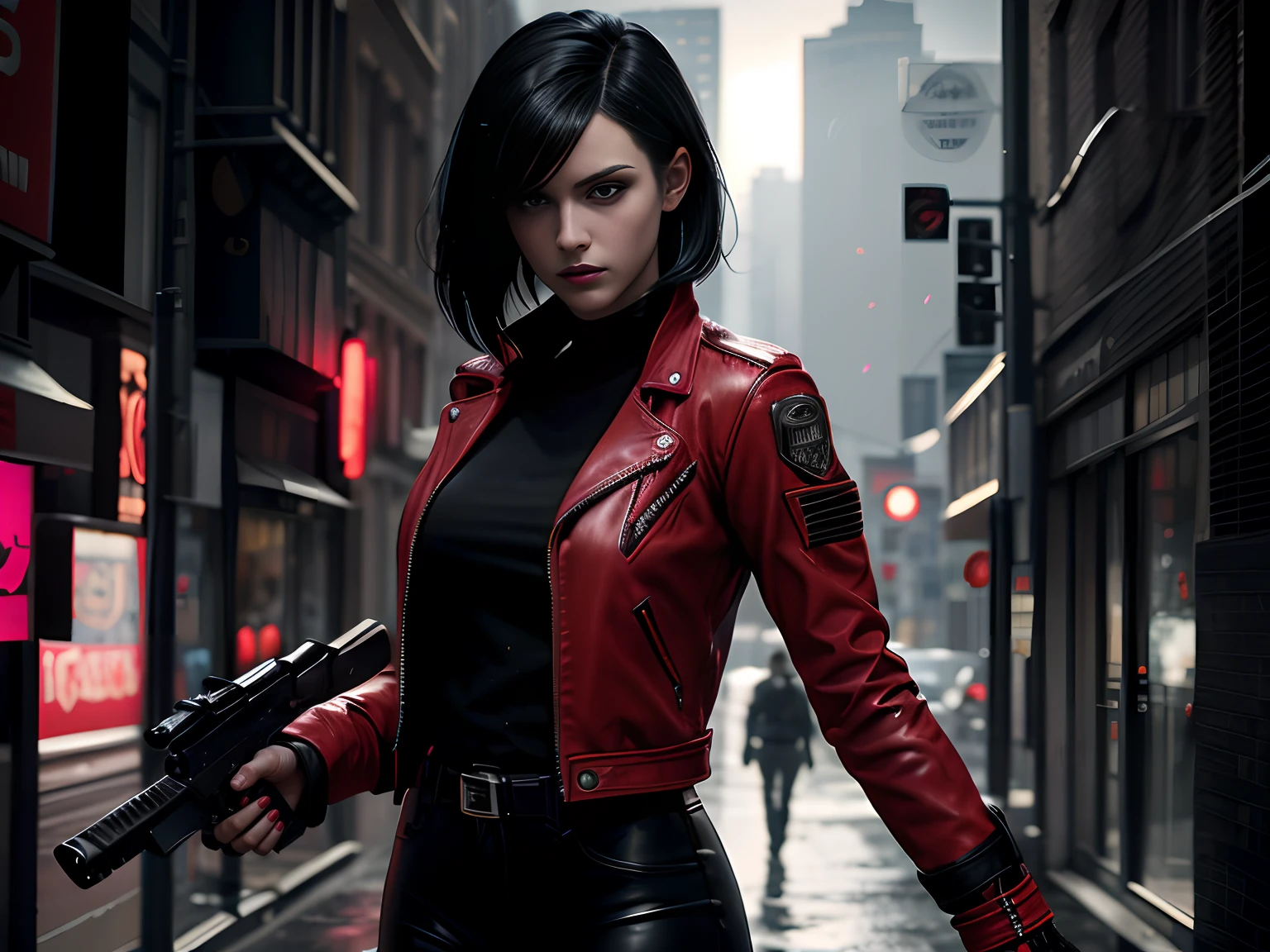 a beautiful 25 years old British female vampire mercenary wearing red leather jacket and black tight pants, with short black hair, pale skin, holding dual handguns, splash art style, battle ready pose, dynamic angle shot, photo realism, volumetric lighting, intricate hand details, highly detailed, vibrant colors, cinematic, neoprene, featured on Unsplash, stylized digital art, 8k, trending on Artstation