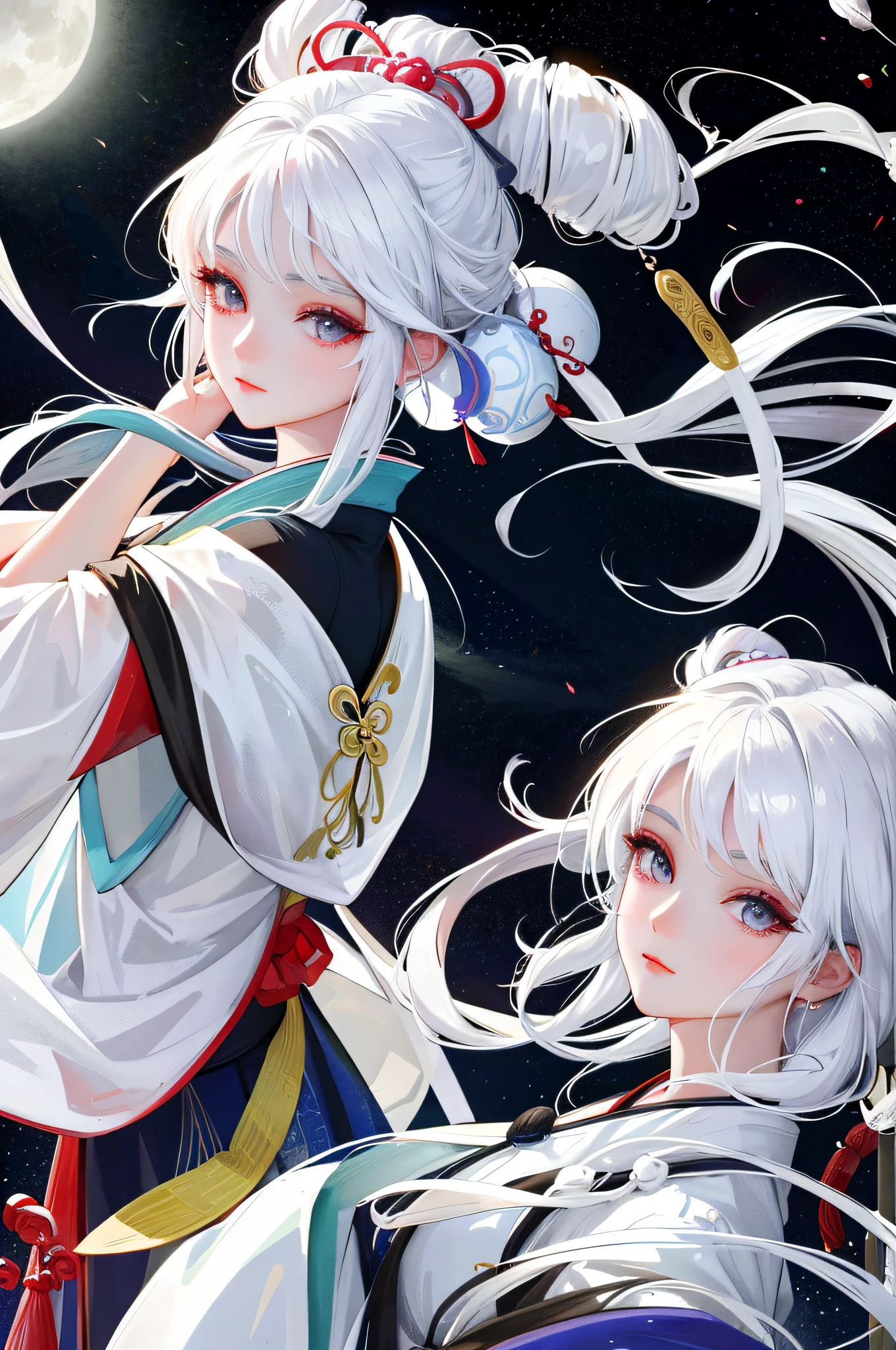 Ultra high quality,under moonlight,An idyllic woman,Beautiful white moonlight,Classical Chinese style,Hanfu,Cute silvery-white hair,Realistic and beautiful。byself,Sadness and loneliness。