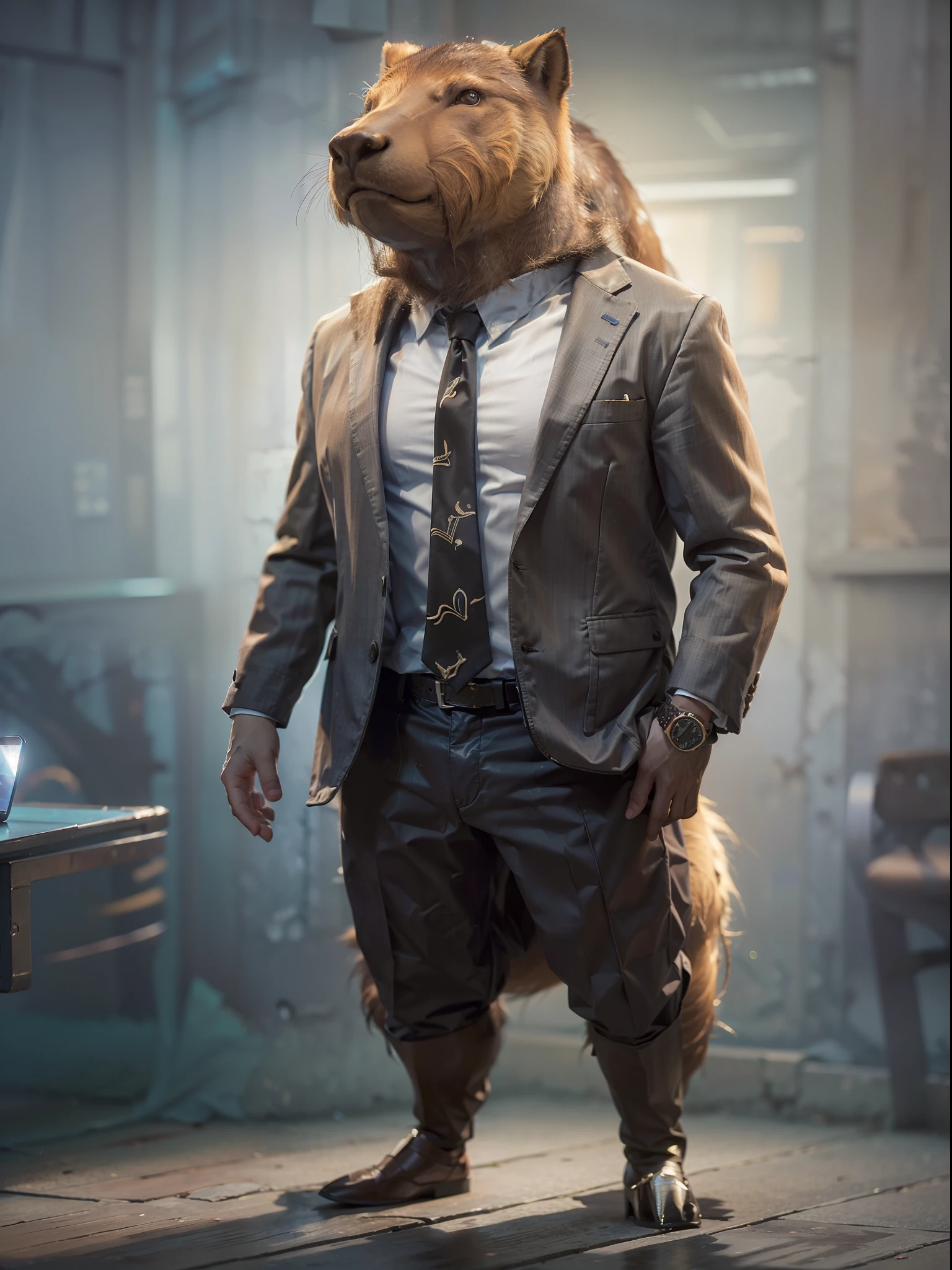 (((fullbody image、Standing posture)))、(Full body capybara standing upright in luxury business suit、Humanoid Capybara、Cool anthropomorphic capybara with long legs)、​masterpiece, top-quality, in 8K , intricate detailes, ultra-detailliert , light Particle、32K Digital Paint, Hyper-Realism, No background