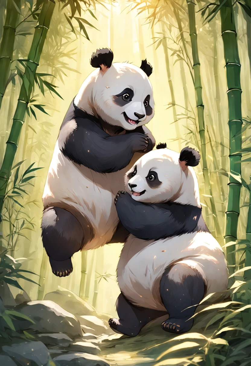 Two cute furry panda cubs tumble playfully in sunny bamboo glades, Warm light filters through the foliage. Detailed fur texture, Tranquil natural mood, Gentle lighting. Traditional watercolor style. --AR 4:5 --s 400 --niji 5