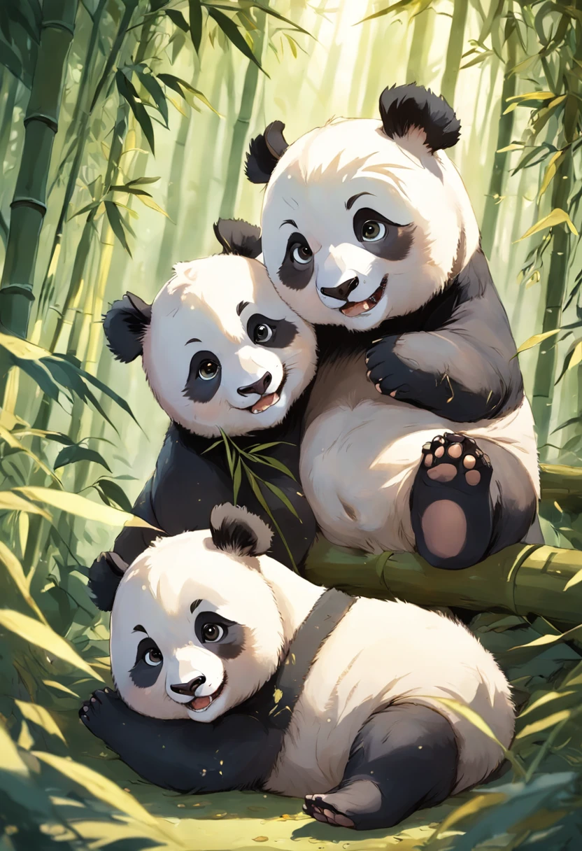 Two cute furry panda cubs tumble playfully in sunny bamboo glades, Warm light filters through the foliage. Detailed fur texture, Tranquil natural mood, Gentle lighting. Traditional watercolor style. --AR 4:5 --s 400 --niji 5