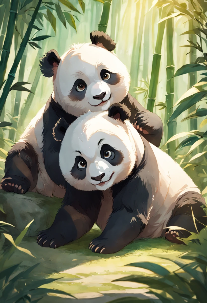 Two cute furry panda cubs tumble playfully in sunny bamboo glades, Warm light filters through the foliage. Detailed fur texture, Tranquil natural mood, Gentle lighting. Traditional watercolor style. --AR 4:5 --s 400 --niji 5