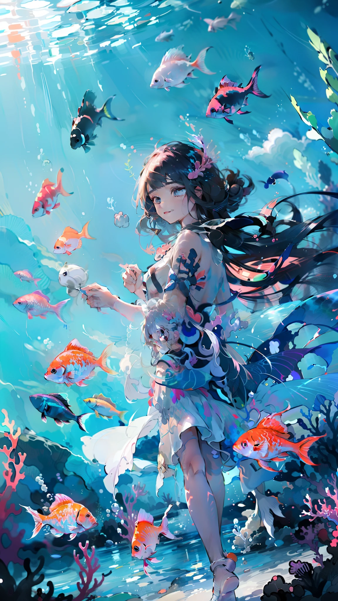 At the bottom of the sea,Beautiful coral reef in the background、A koi girl interacts with other sea creatures,Messy painting style,Hair flows in water,Super detail,UHD,highres,1080P,Anatomically correct,ccurate,Physical coordination,Anime photo,