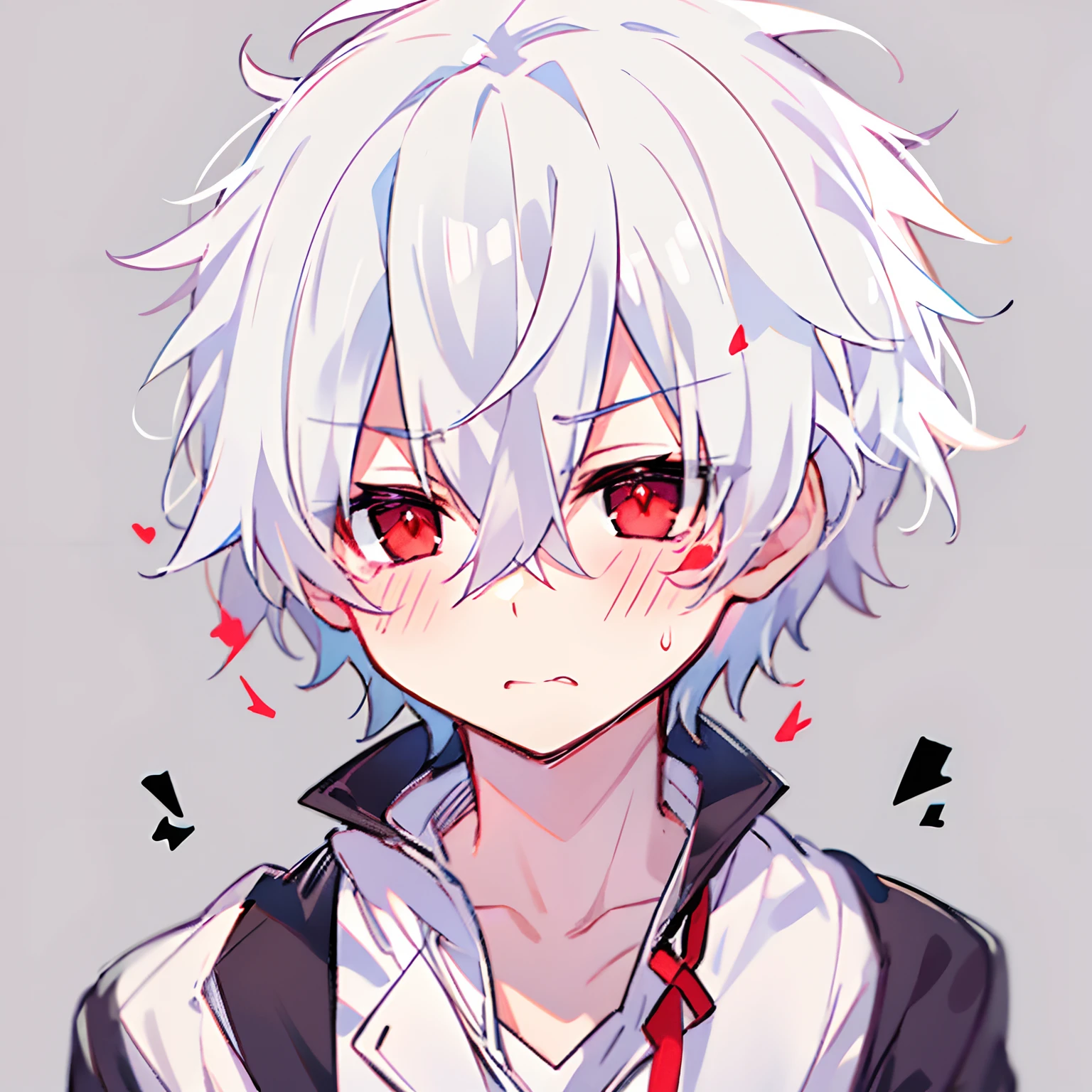 white backgrounid,blushed face,(embarrassed from),(kawaii),Anime boy with white hair and red eyes stares at camera, red eyes,slim, dressed in a black outfit,hair messy,