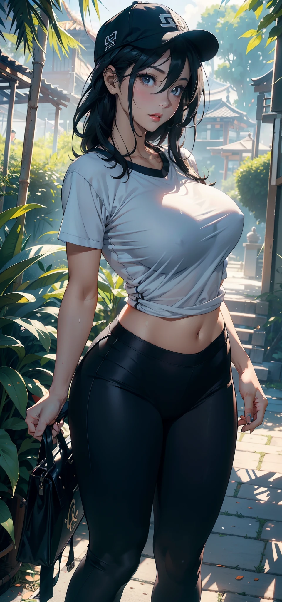 1female,36 years old,熟妇,mature,Bigchest,Big breasts Thin waist,long leges,Raised sexy,Pornographic exposure, 独奏,(Background with:bamboo forrest,clubs) She has very short black hair,standing on your feet,Sweat profusely,drenched all over the body,seen from the front, hair straight, mostly cloudy sky,(((tmasterpiece),(Very detailed CG unity 8K wallpaper),best qualtiy,cinmatic lighting,detailed back ground,beatiful detailed eyes,Bright pupils,(Very fine and beautiful),(Beautiful and detailed eye description),Black eyes,Redlip,ultra - detailed,tmasterpiece,)),facing at camera,(The upper part of the body),A high resolution,ultra - detailed),revealing breasts,Bare genitalia, Bulge,legs are open,sexyposture,Camel toes,Flushed complexion,Open-mouthed,frontage,,(Wearing:baseball cap,White baseball shirt,grey leggings,athletic sneakers),Full body photo,Show shoes