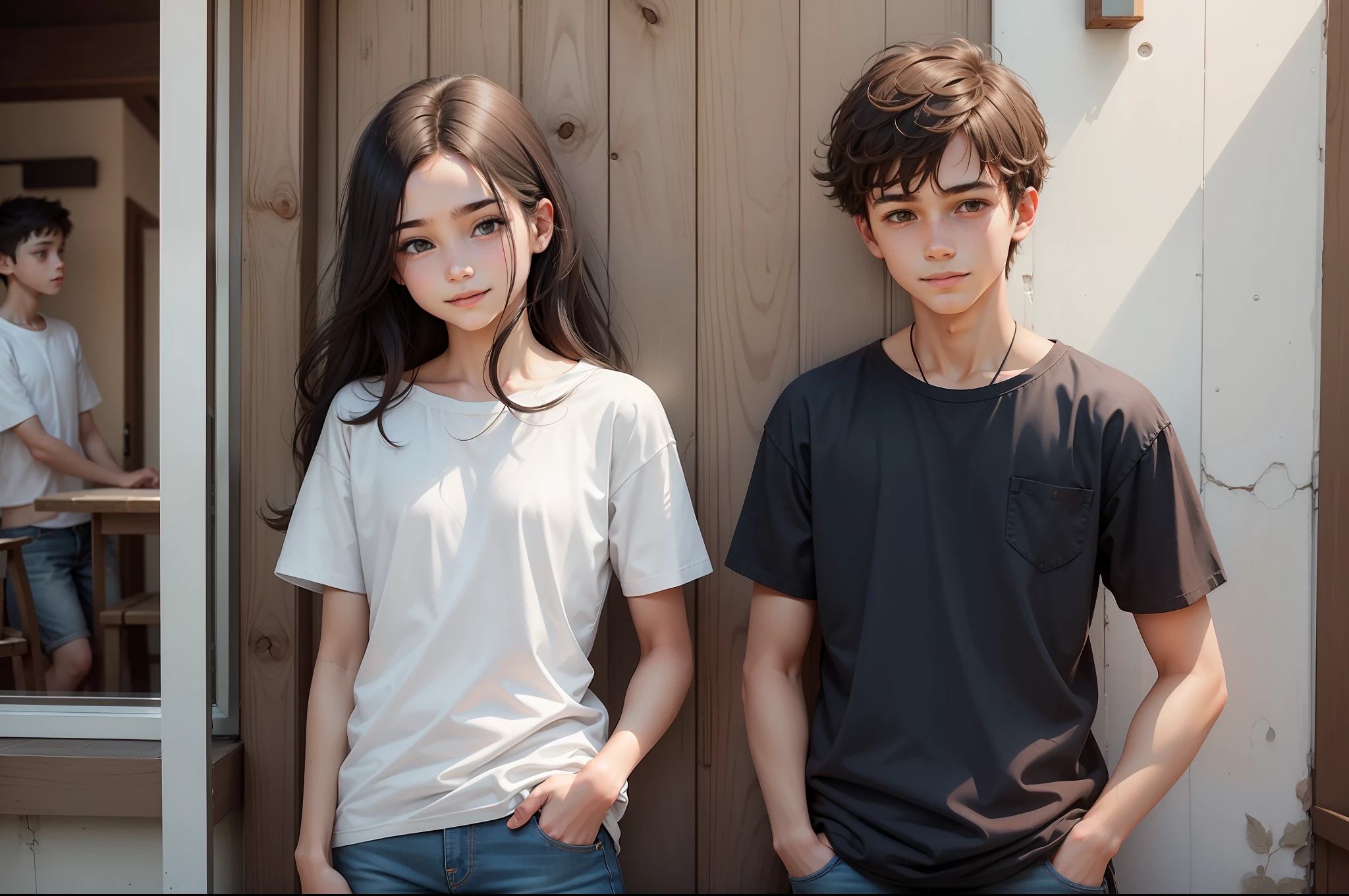 a boy and a girl, twins, Brother and sister, Exactly the same, in jeans and shirts, stand next to each other in full growth, The boy is modest and calm, The boy has a book in his hands, The girl smiles broadly, Kind of hooligan, In his left hand is a wooden sword, soft light, Detailed, High-quality textures, Realistic