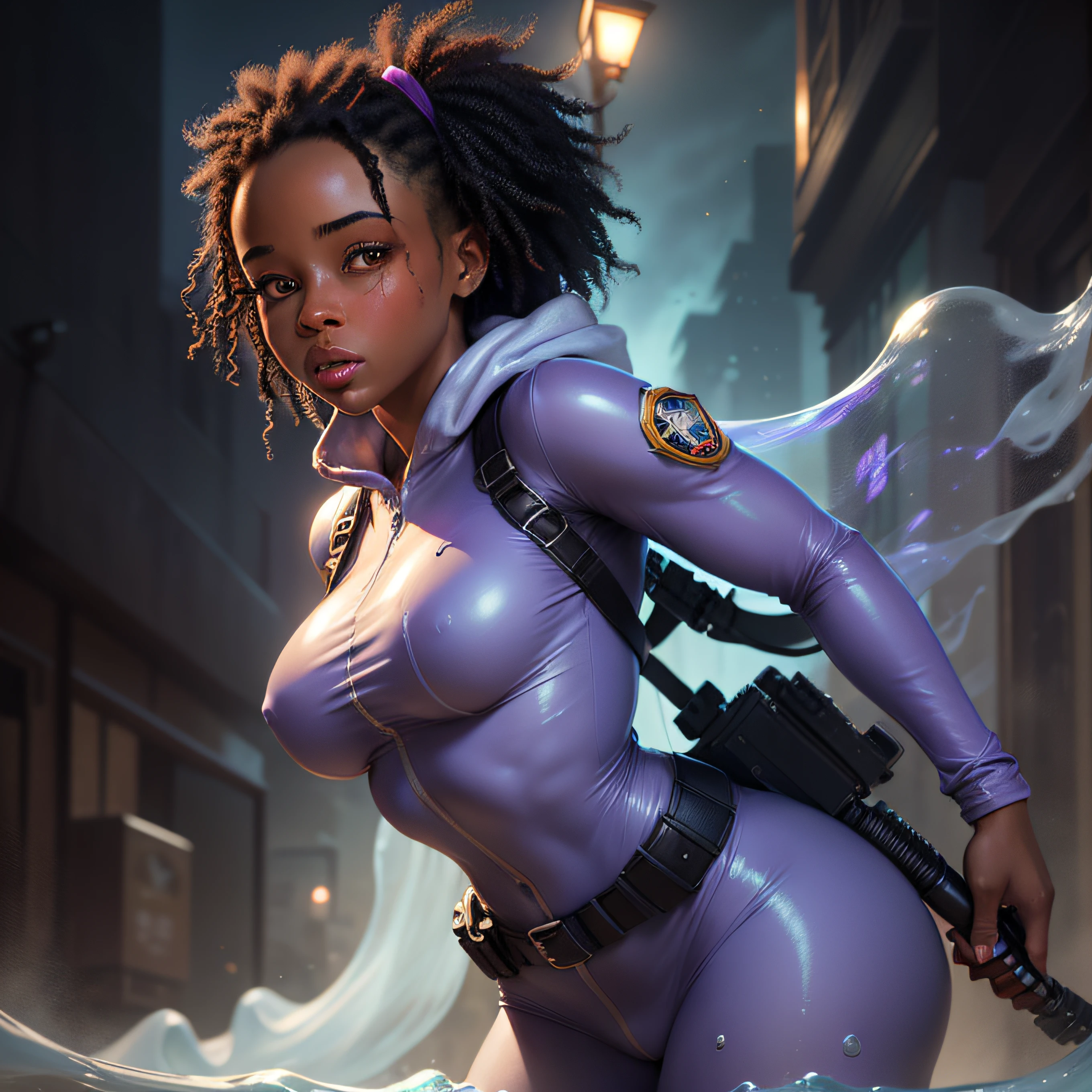 "(Highest picture quality), (Prioritizing the exceptional image quality and astonishing level of detail), generate an awe-inspiring (photorealistic:1.1) a beautiful gorgeous female African American Ghostbuster, body covered in slime, night time, sexy, erotic, ghosts, cute, artwork portrait, adam hughes, sexy."