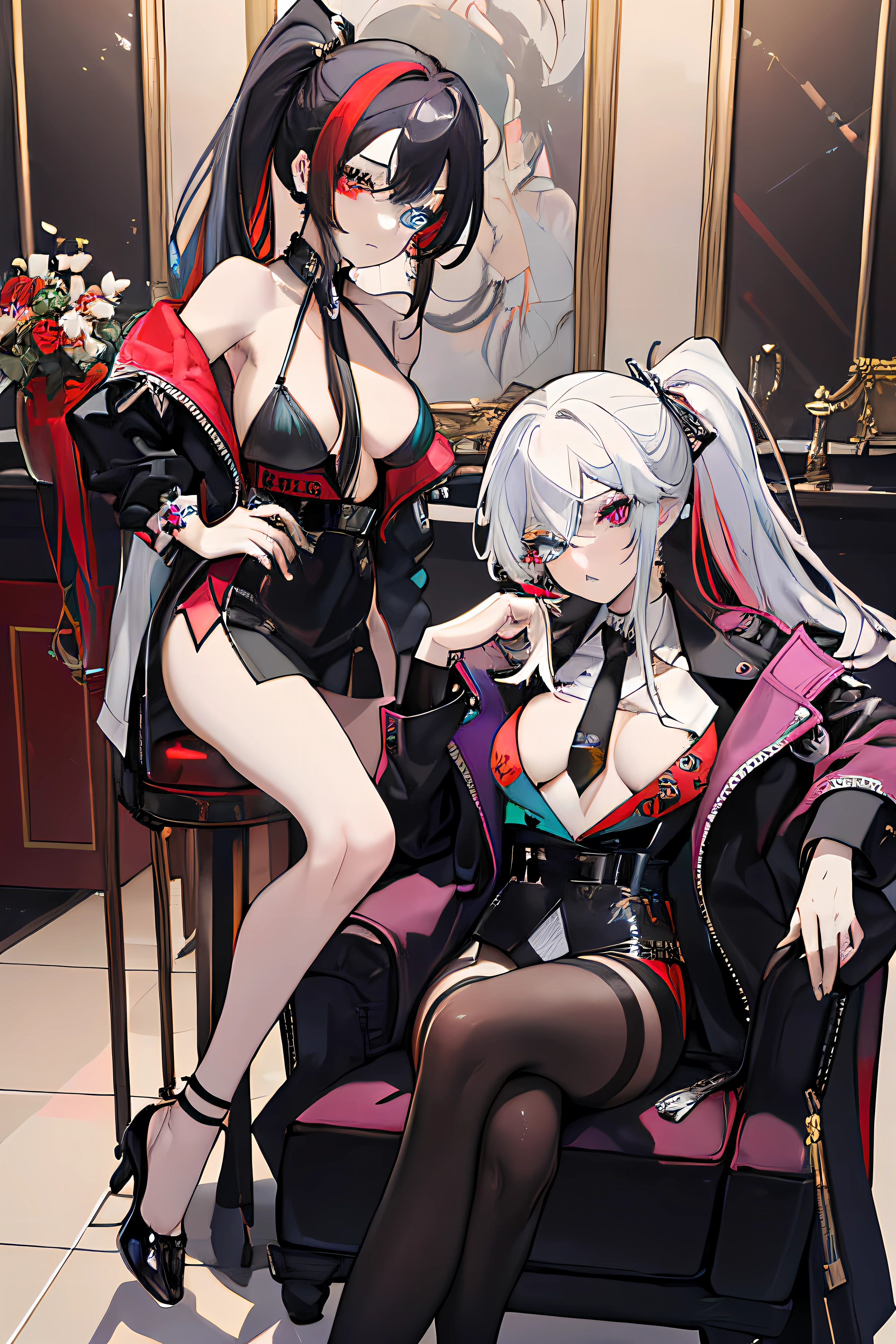 ((Masterpiece)), best quality, absurderes, ultra detailed, super beautiful twins with beautiful Heterochromia eyes and beautiful multicolored hair, high ponytail, nice and sexy body, wearing mafia suits , full body, sexy pose, flirting with viewer, 1 sitting on a chair and the other standing next to it holding a tommy gun