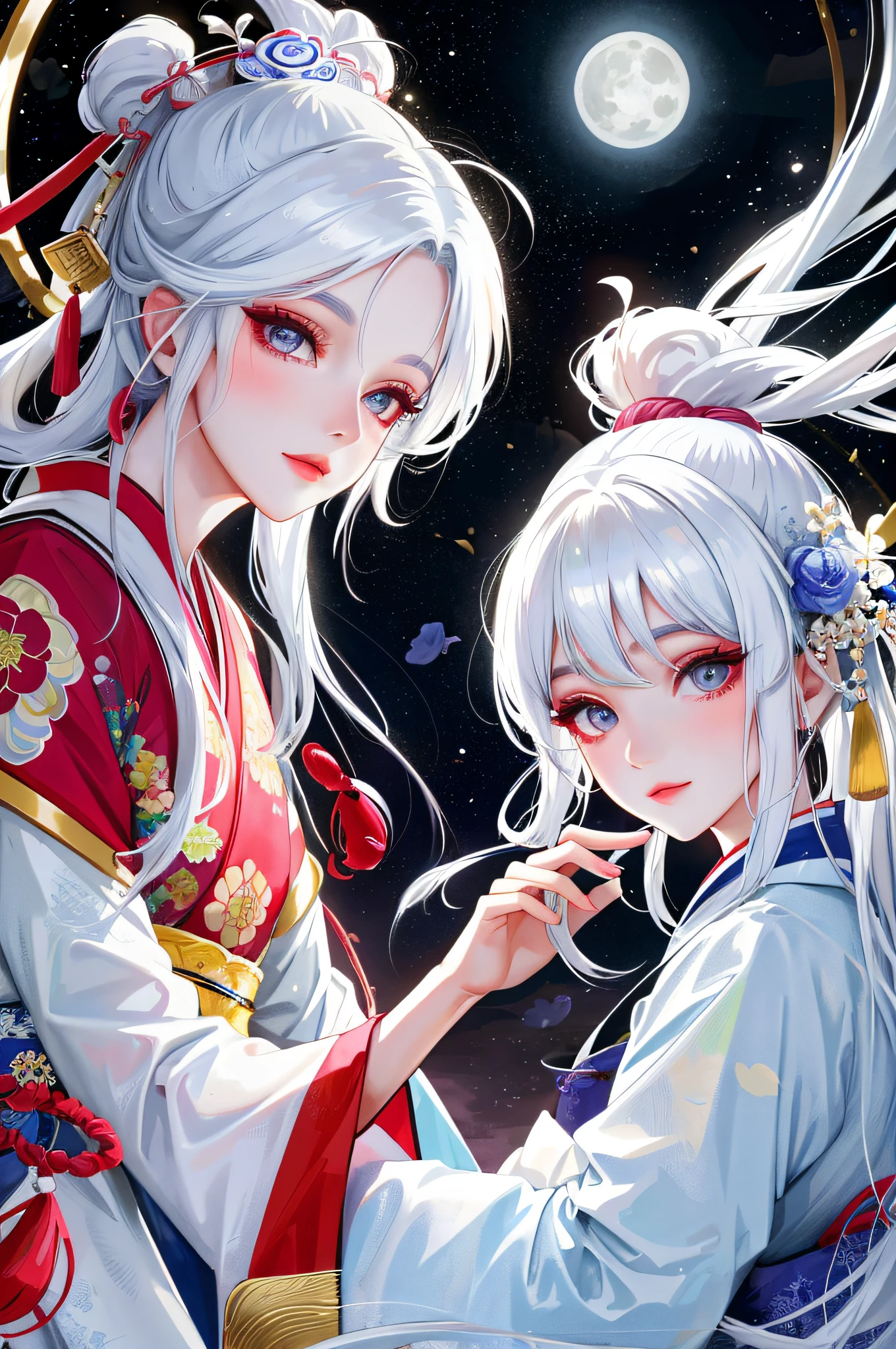 Ultra high quality,under moonlight,An idyllic woman,Beautiful white moonlight,Classical Chinese style,Hanfu,Cute silvery-white hair,Realistic and beautiful。byself,Sadness and loneliness。