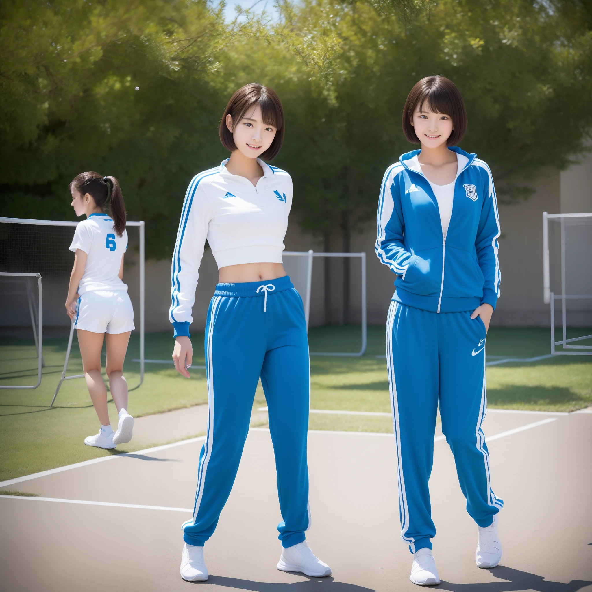 1 very beautiful female junior high school student，Wear blue and white tracksuits，Play volleyball on the school playground，Super high value，perfect body figure，Beautiful ultra-short hair，Delicate hair，Fair face and skin，There are beads of sweat hanging down，Have fun on the playground，The breasts are full and huge:1.5，Chest hyperexcion，（The tracksuit on the chest is high and bulging, Tightness and bulging:1.5），Delicate fair and soft toes，White detailed fingers，fully body photo