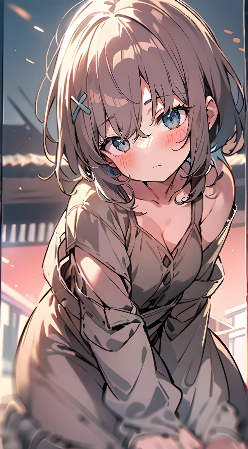 (top-quality、32K image quality、​masterpiece、X))):1.2)、Medium short hair、short braiding、beauitful face、Ultra-detailed details、(Slouched:1.3)、at the sunset、crouching down、(From  above:1.3)、(a closeup:1.4)、Little curvy beautiful girl、((You can see the chest))、Bust Up Perspective、Loose baggy big shirt、outside of house、the wind、shinny skin、blurry backround
