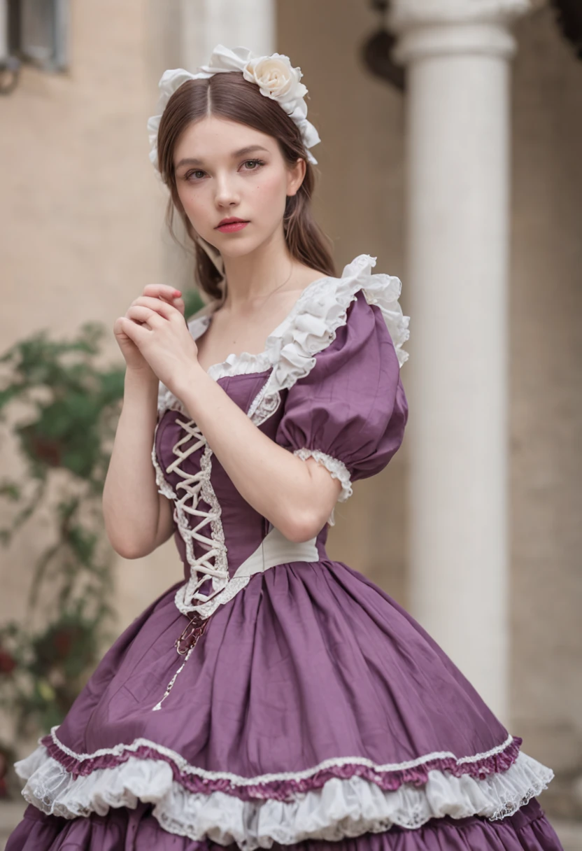 Lolita prostitute,Lolita, Young princess,Wearing a gorgeous dress,Lolita prostitute,Rococo,Noble purple dress,Baroque style,courtyard,high tea,In the courtyard, white ruffles ankle socks