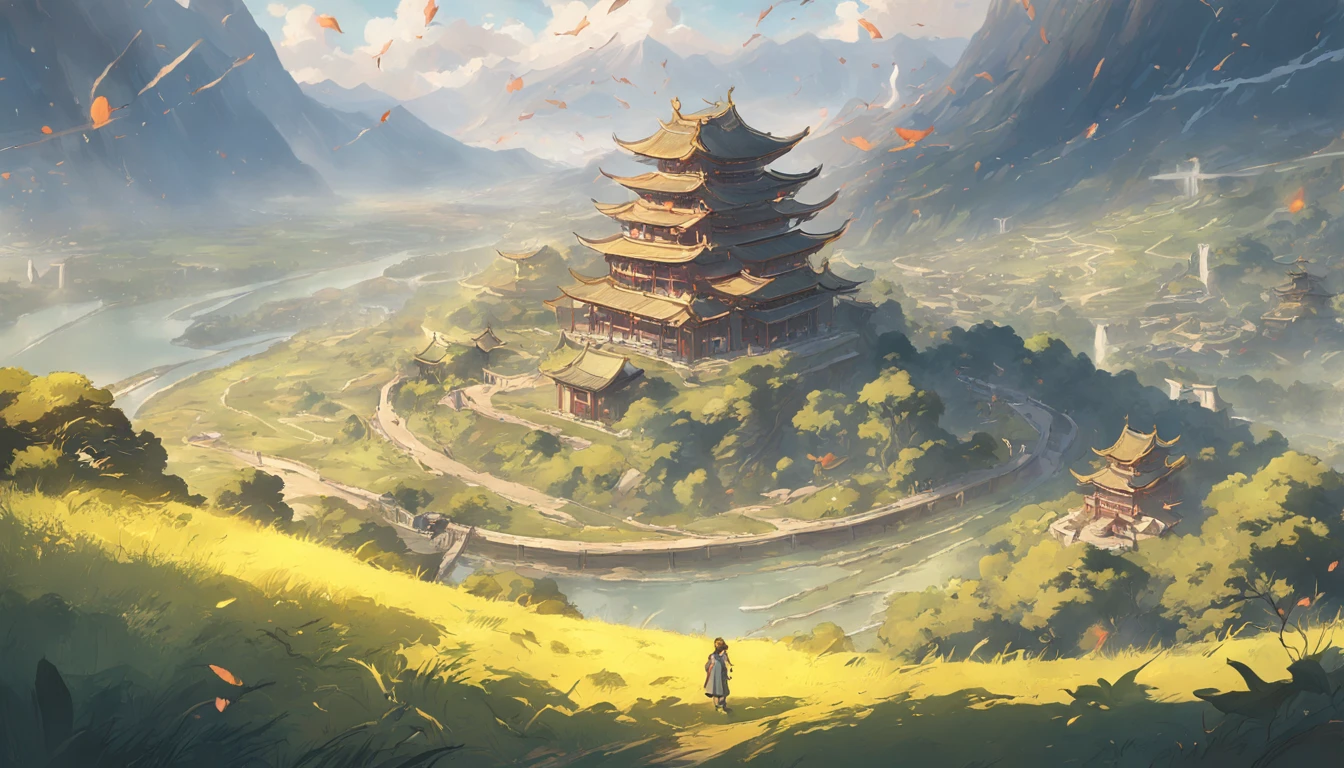 Ancient Chinese landscapes，mountain ranges，rios，Farming, field, Tano, Auspicious clouds，rays of sunshine，tmasterpiece，super detailing，Epic composition，hyper HD，high qulity，extremely detaile，offcial art，Unity8k wallpapers，super detailing，Intentional realm, 32k -- v 6